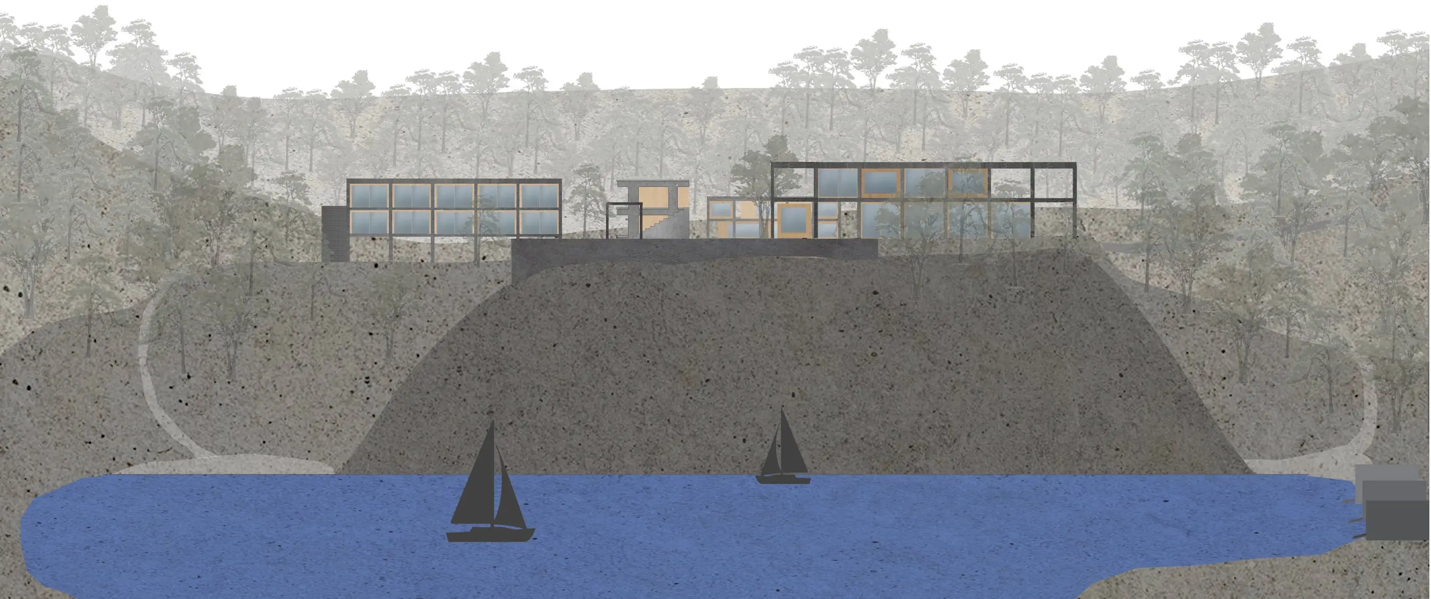 The same elevation with timber rooms and windows set into the frames, and two sailboats in the bay