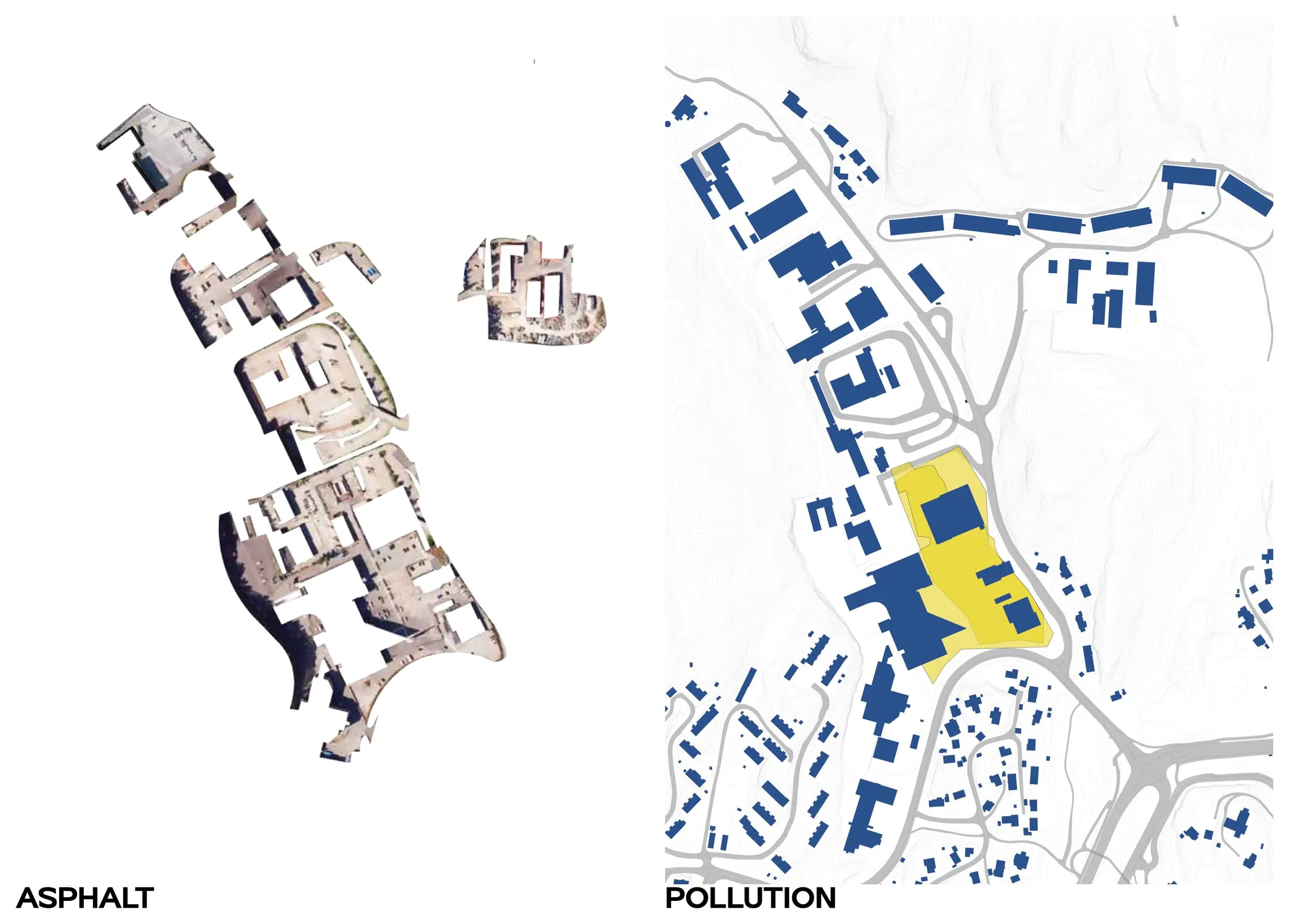 Two maps of Spelhaugen: the asphalt surfaces cut out on their own, and the polluted ground marked in yellow among the buildings