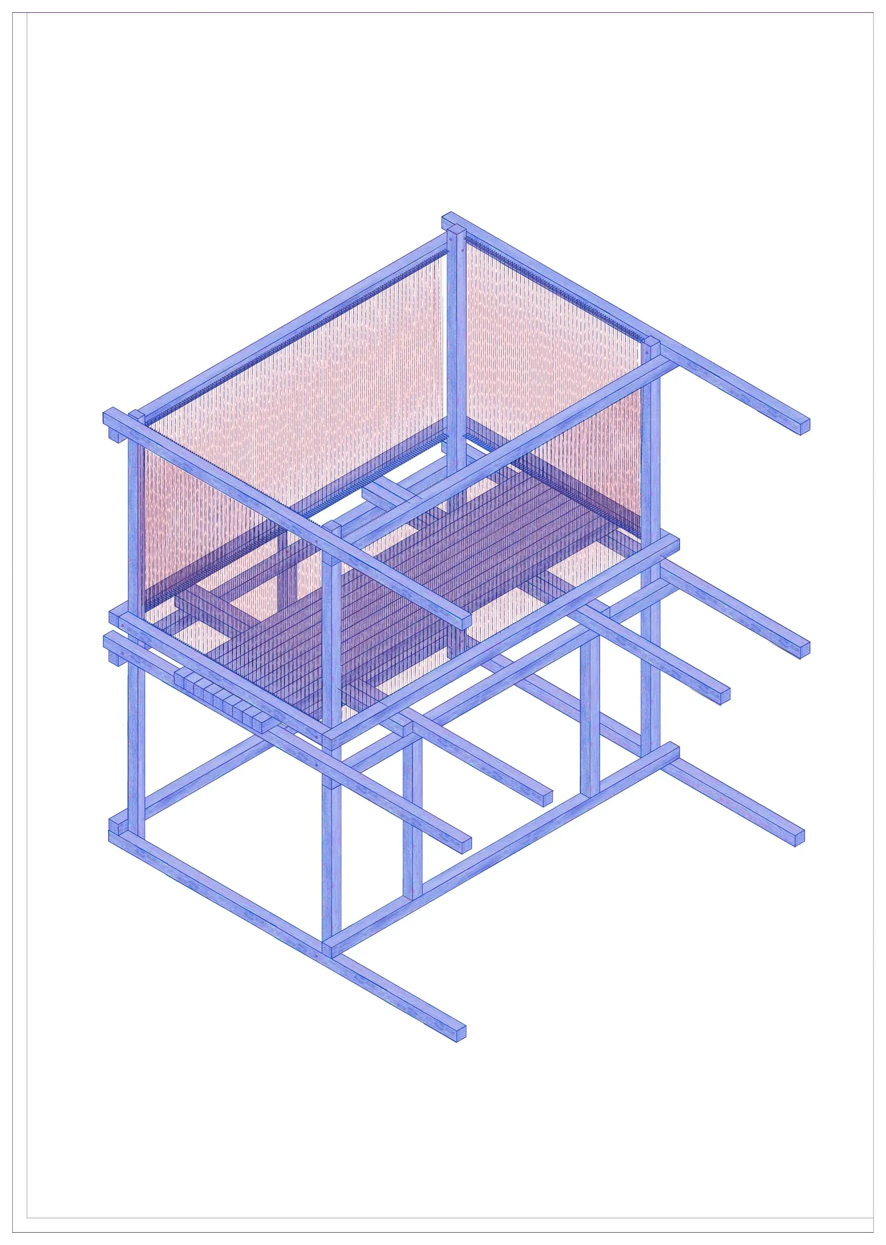 Axonometric of the loom's timber frame, with the woven surfaces drawn in pink