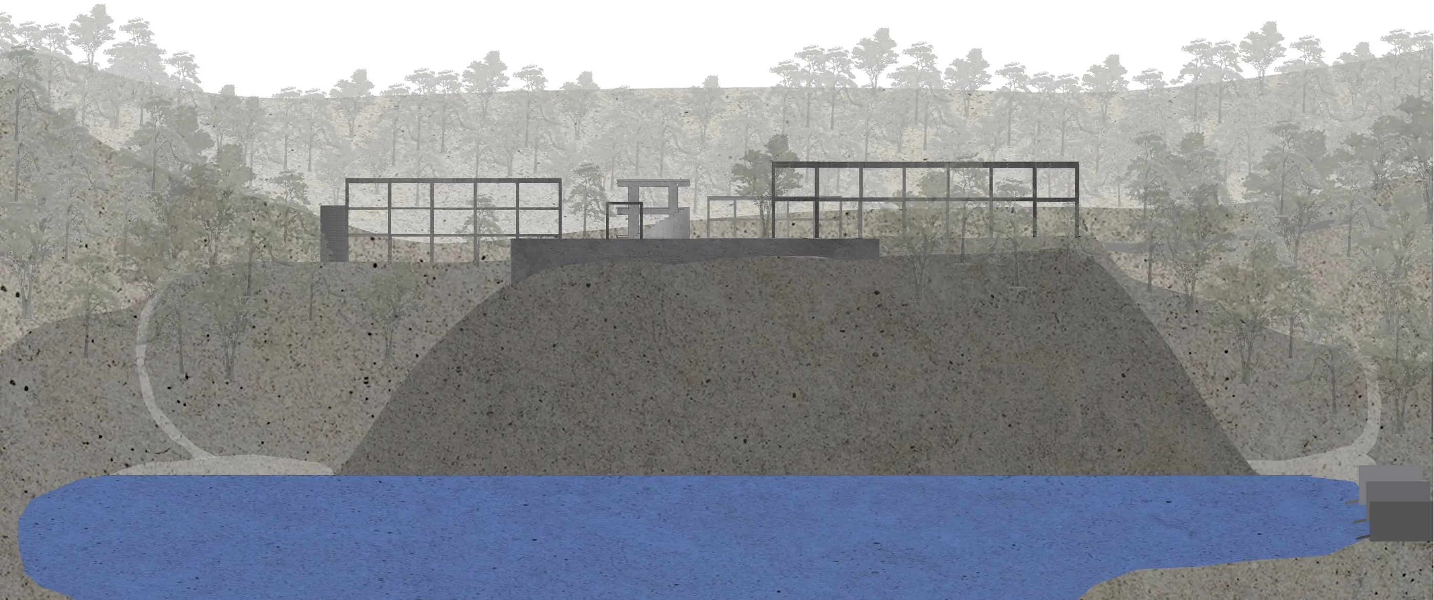 Painted elevation of the hill above the bay, with the empty concrete frames of the unfinished hotel on top