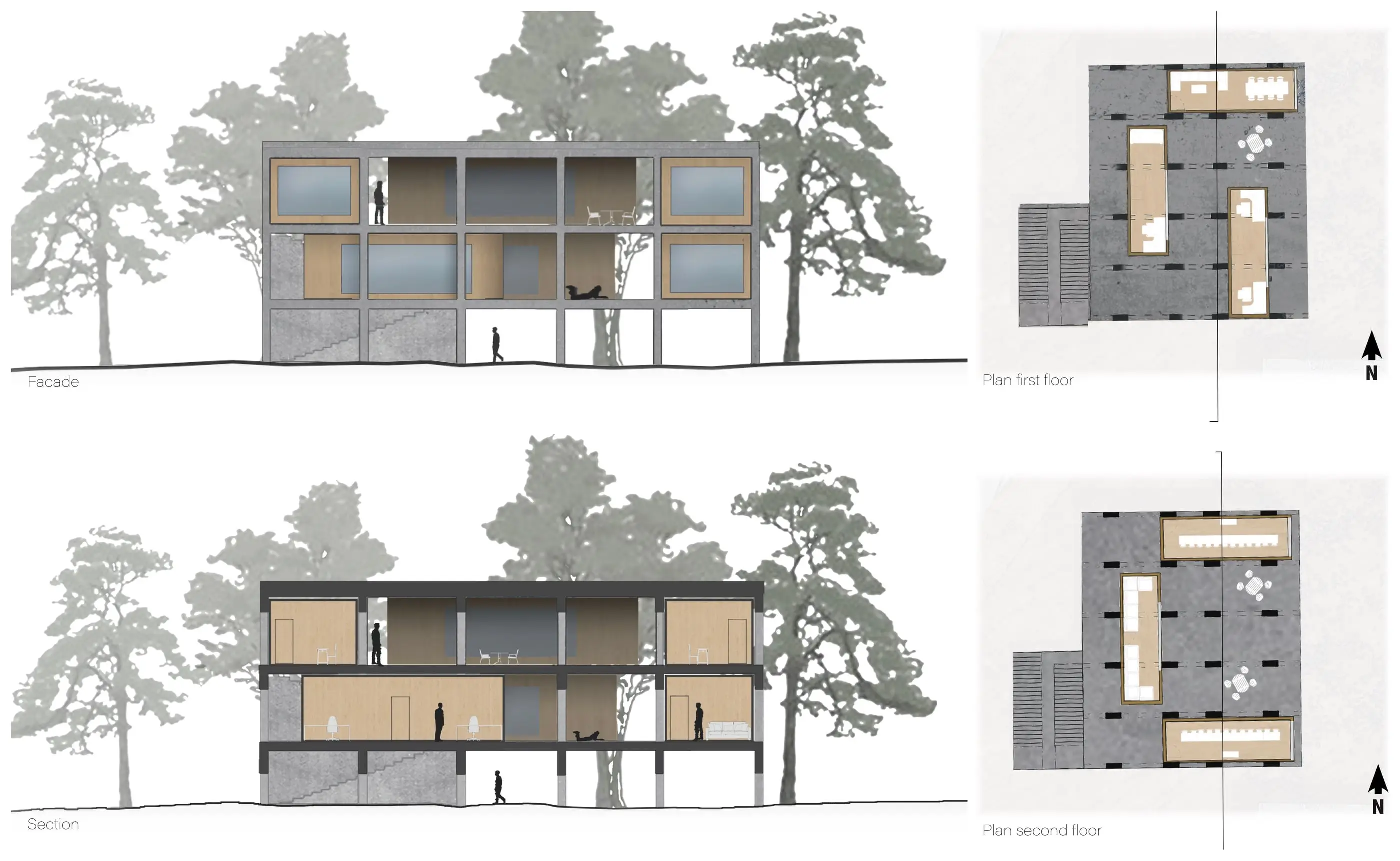 Facade and section of the classroom building beside its first and second floor plans, timber rooms set into the concrete frame