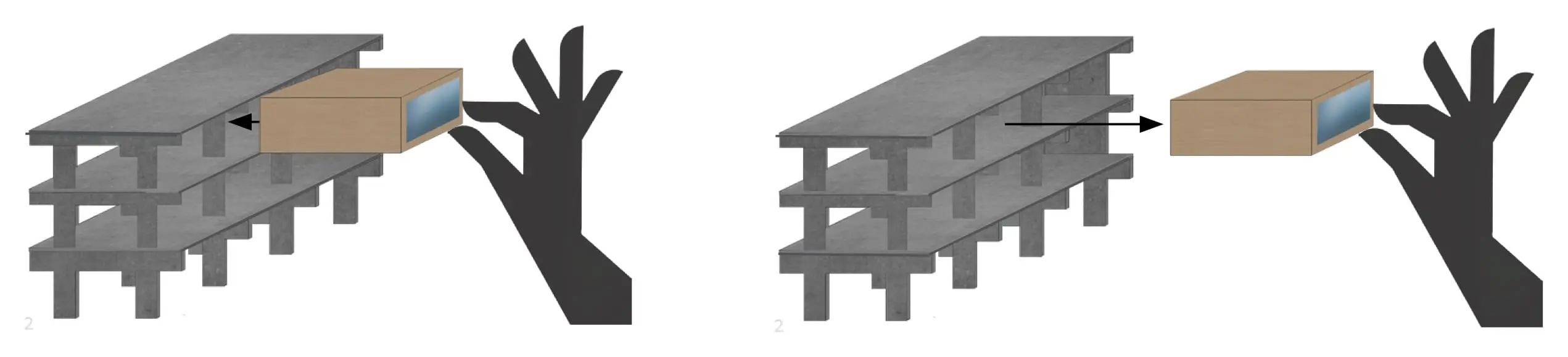 Diagram of a hand sliding a timber box into a concrete frame, and pulling it out again