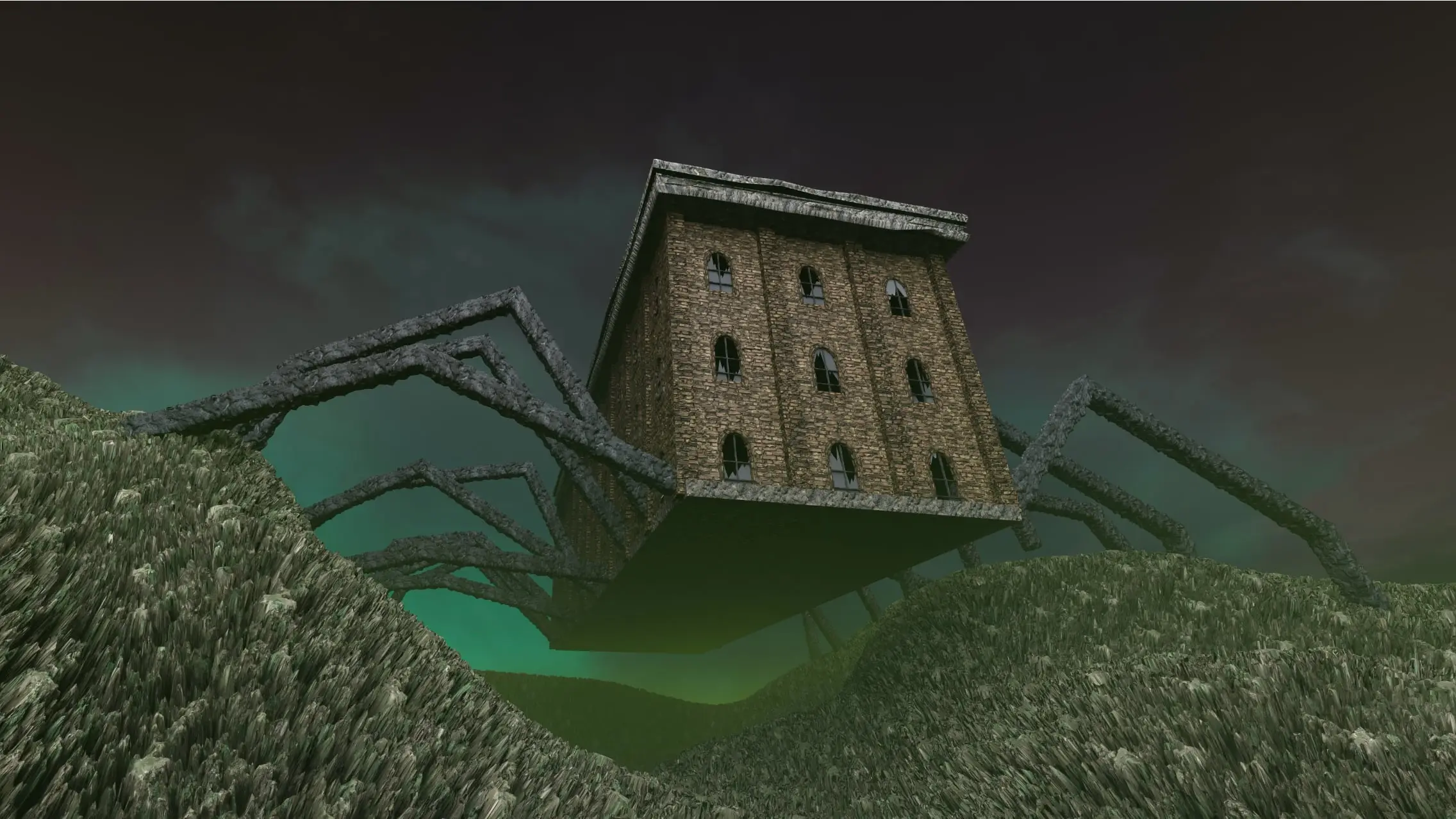 Rendered brick building standing on long spider-like legs above a green-lit hillside