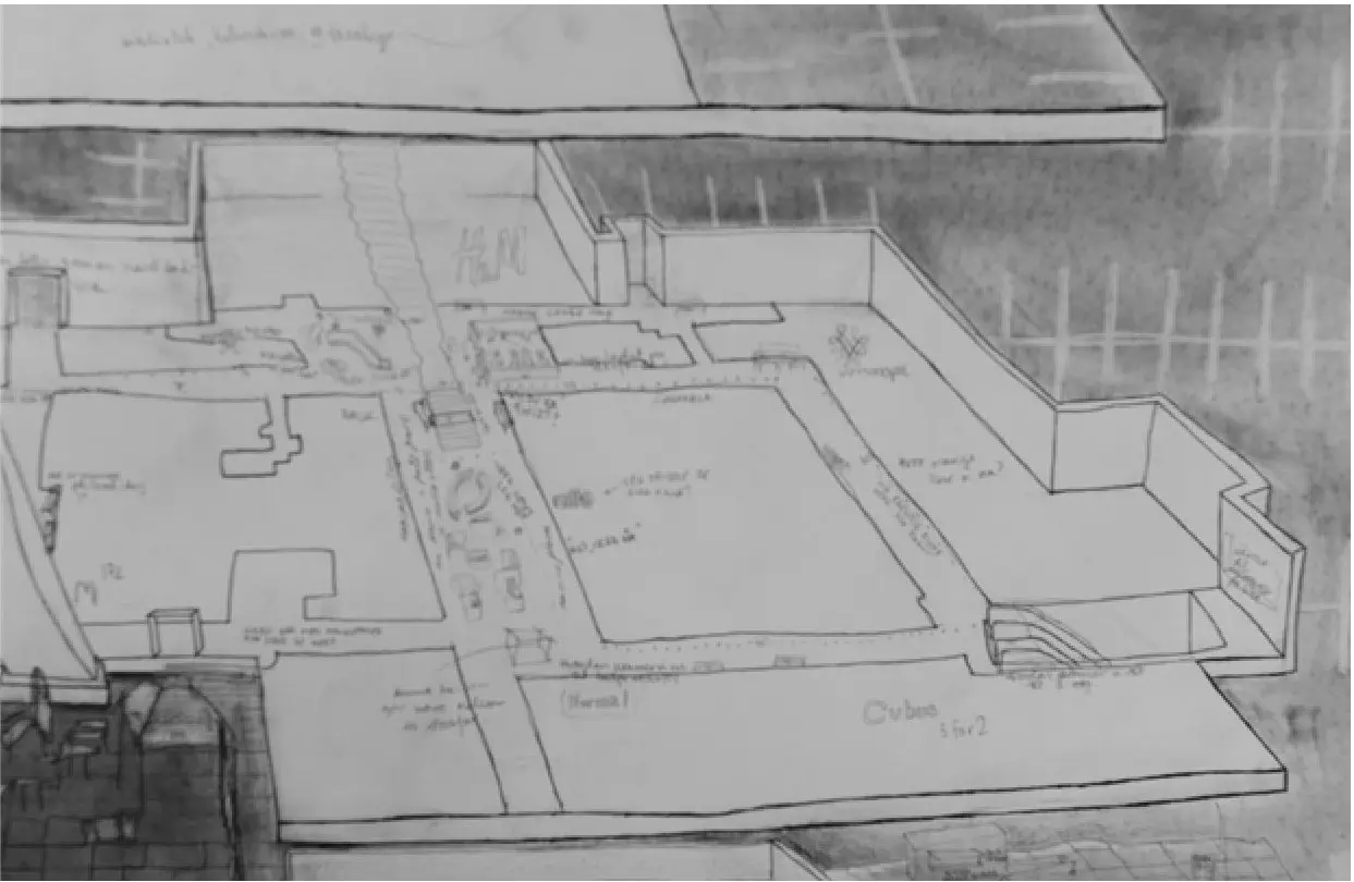 Detail of the drawing showing the roofscape of the shopping centre in axonometric