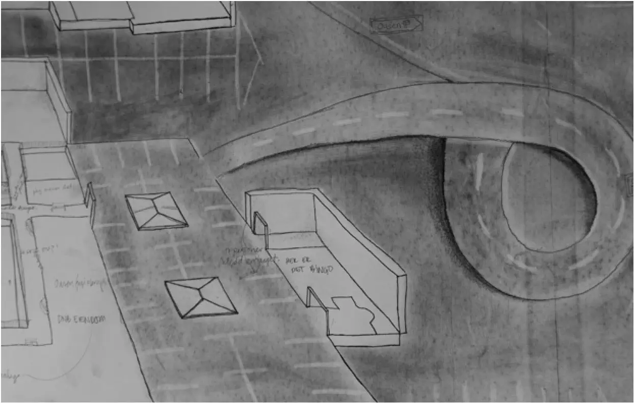 Detail of the drawing showing a roundabout, crossings and street furniture