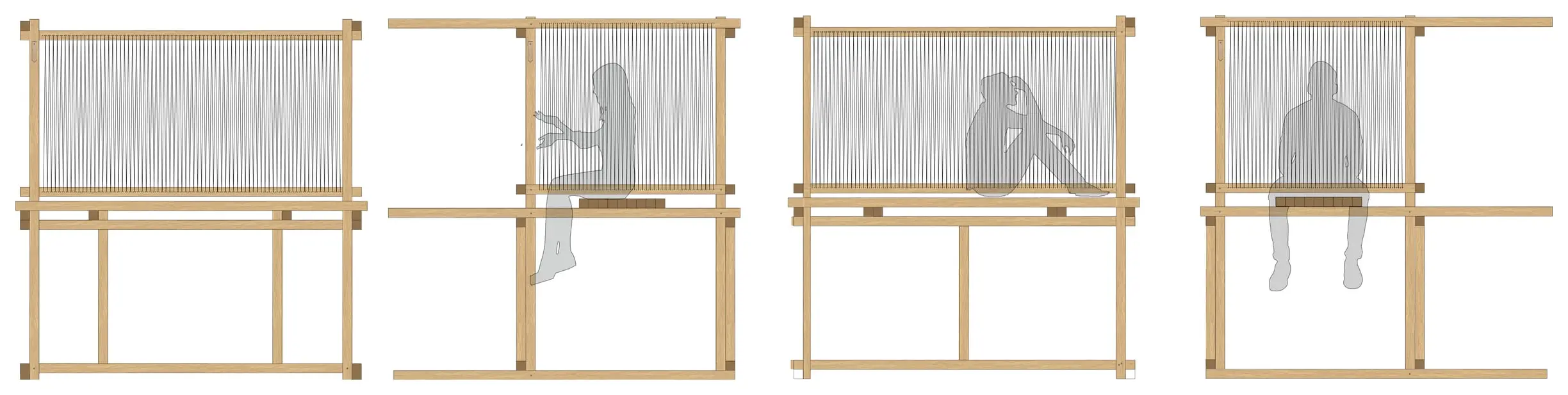 Four elevations of the loom with a seated figure, the weaving growing around them