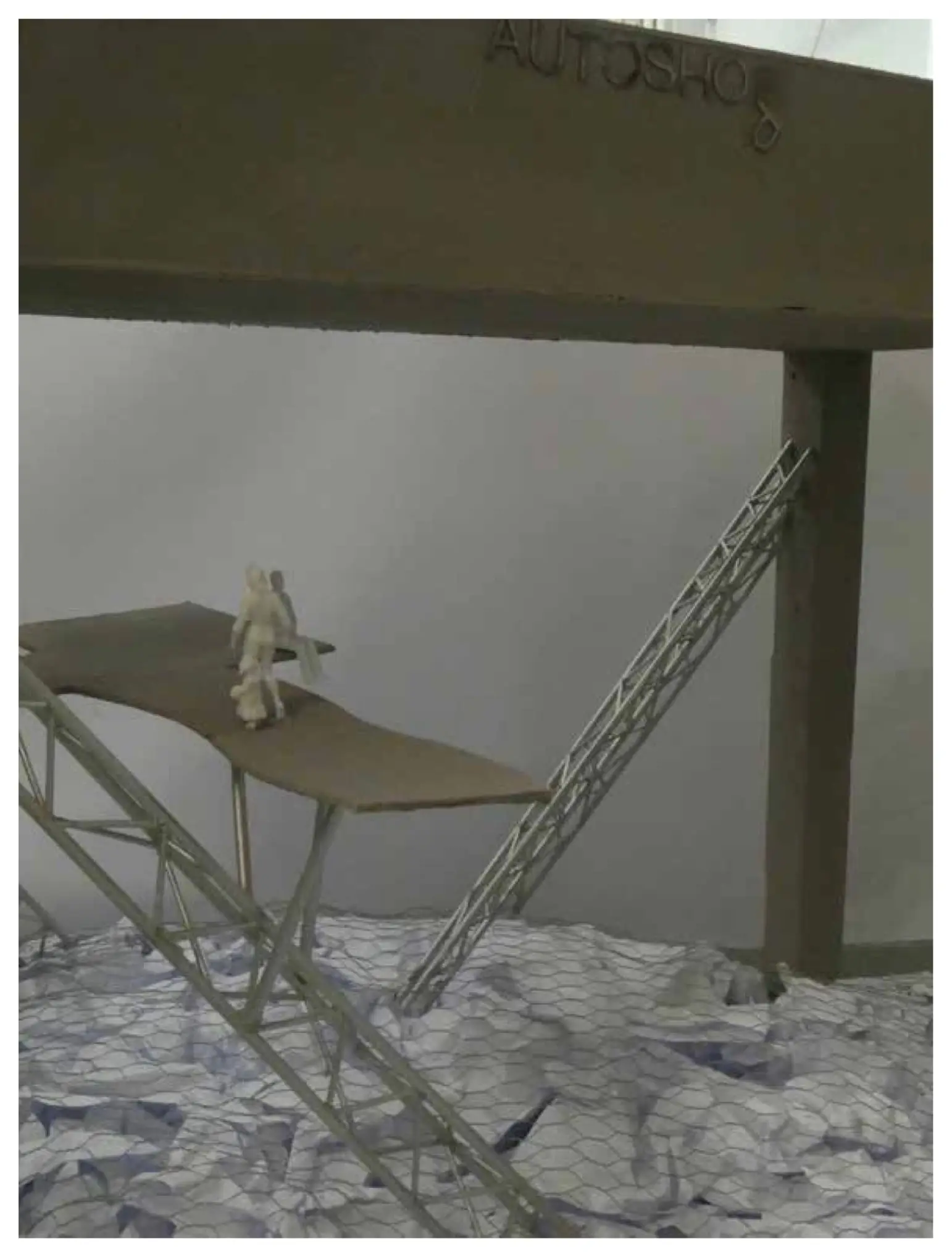 Model of a raised platform on a steel lattice leg, a small figure on it above crumpled paper ground