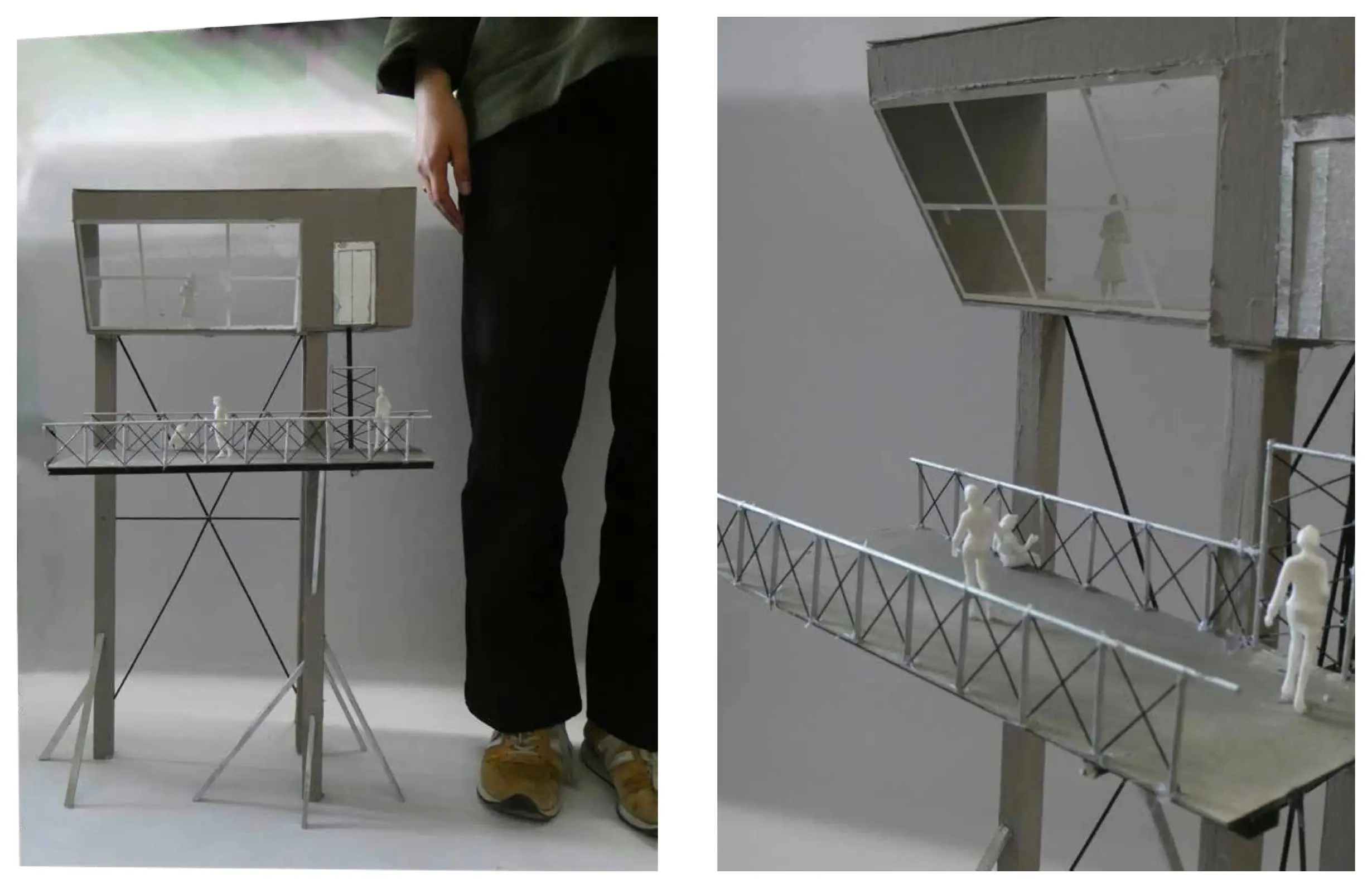 Two model photographs: a glazed room raised on braced legs, and a lattice bridge with small figures leading to it