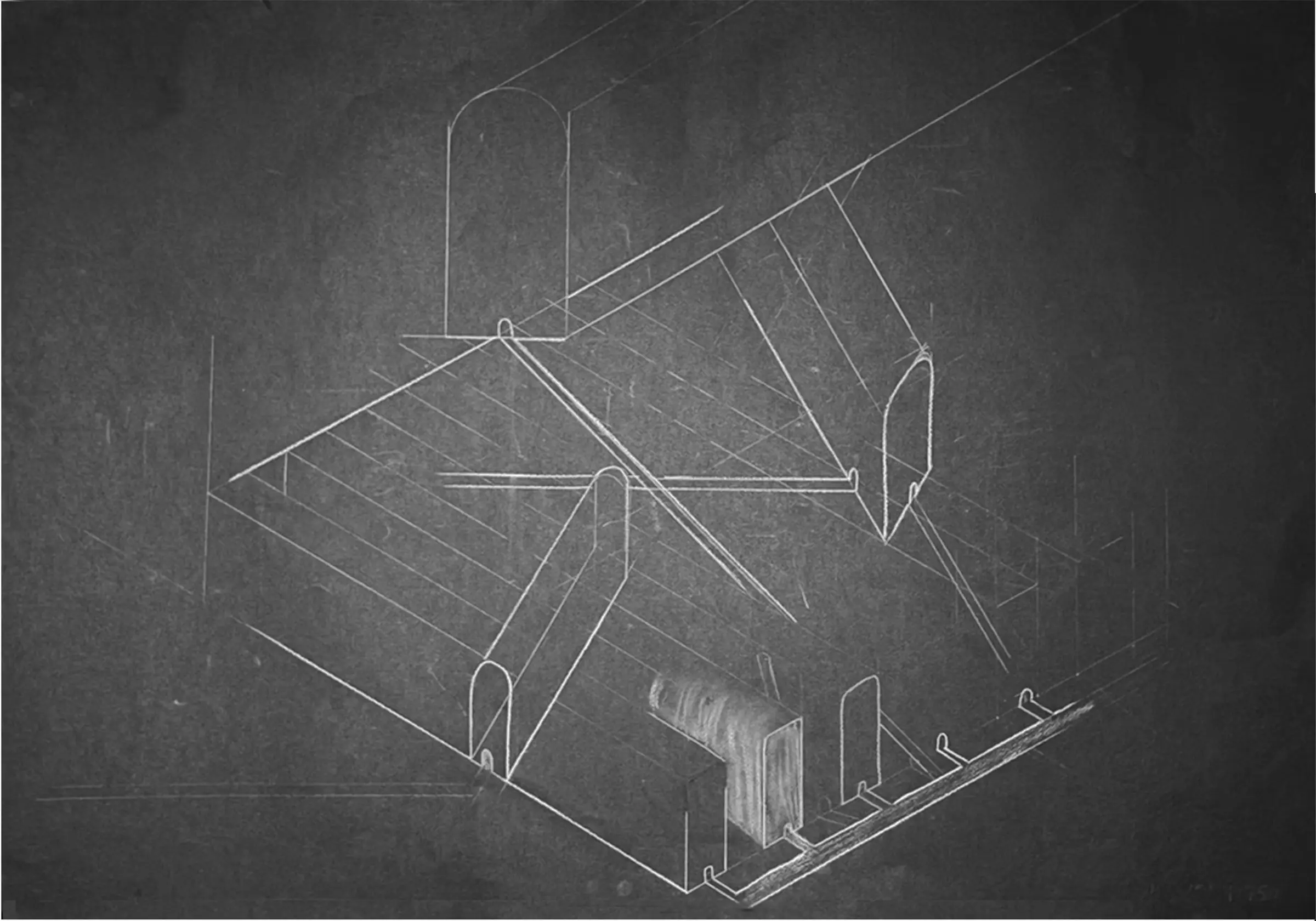 White line drawing on black of tunnels and halls branching through the rock