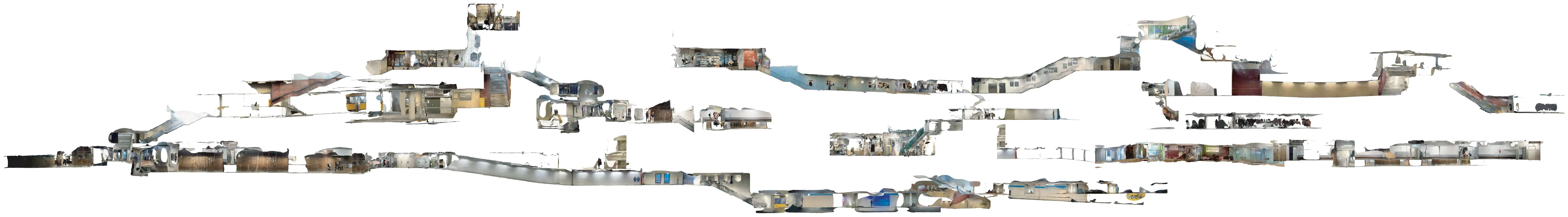 A long section made from 3D scans: stairs, corridors, stations and rooms floating in white at different depths