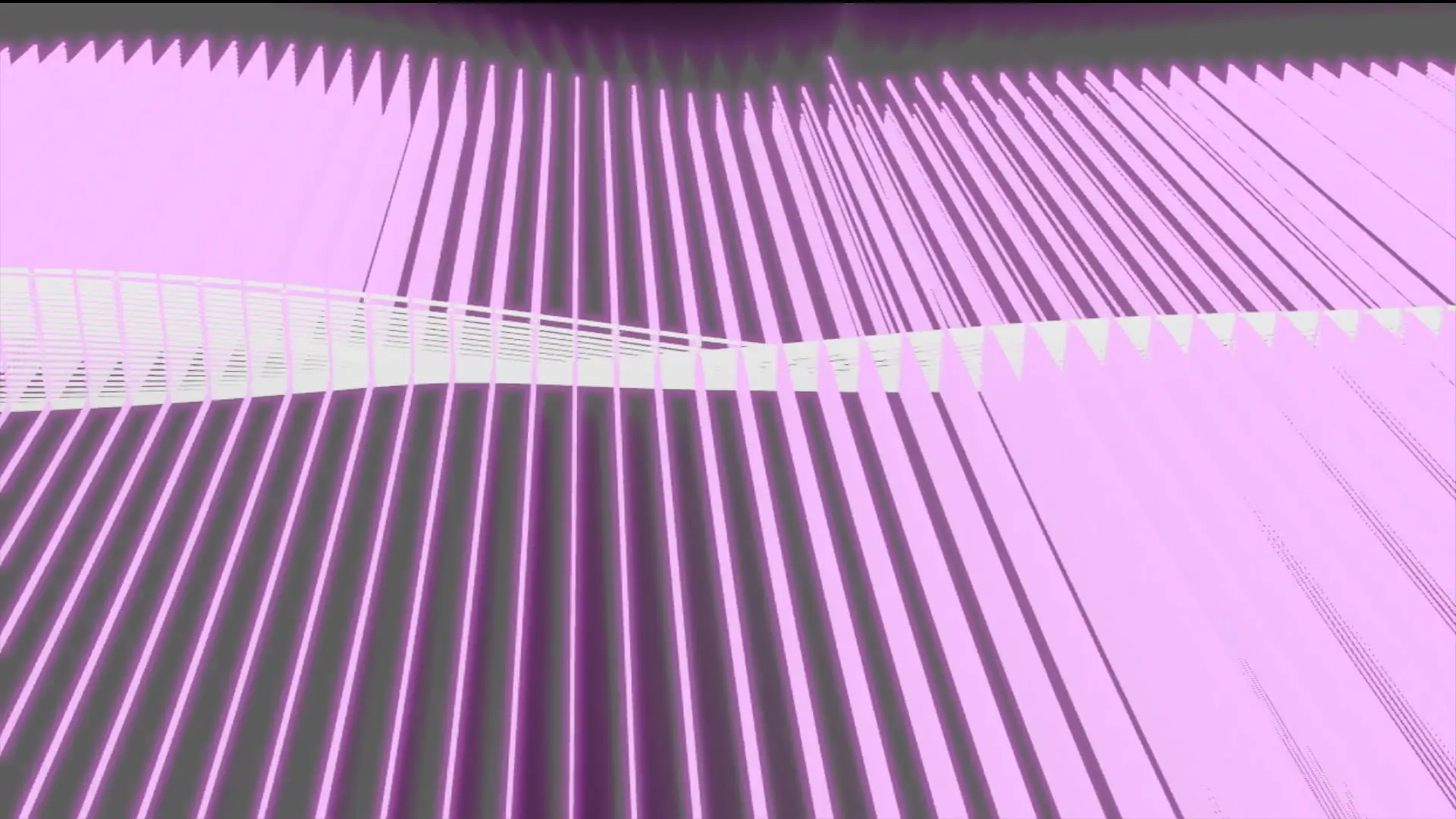 Glowing pink and grey ribbed planes folding away in perspective, a pale band winding through them