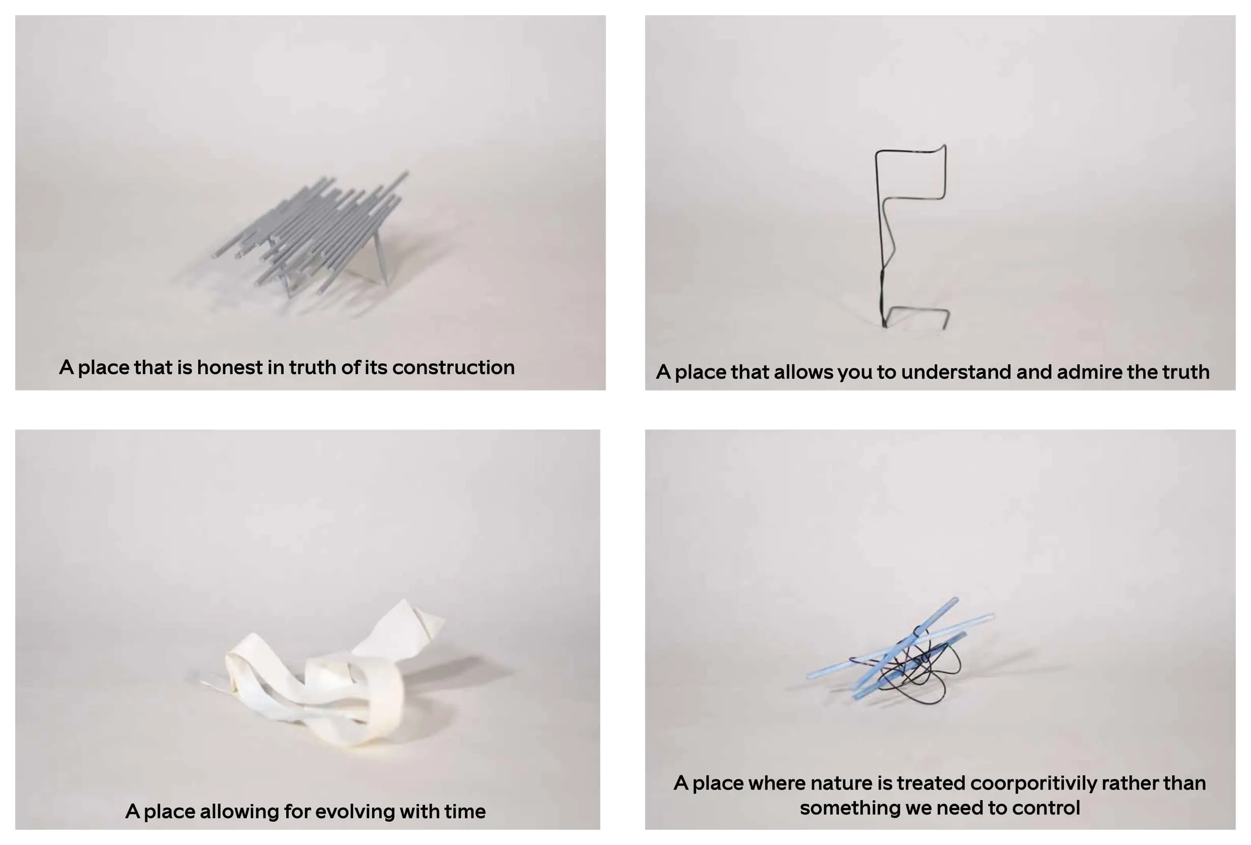 Four small models, each captioned with a principle for the place that could follow