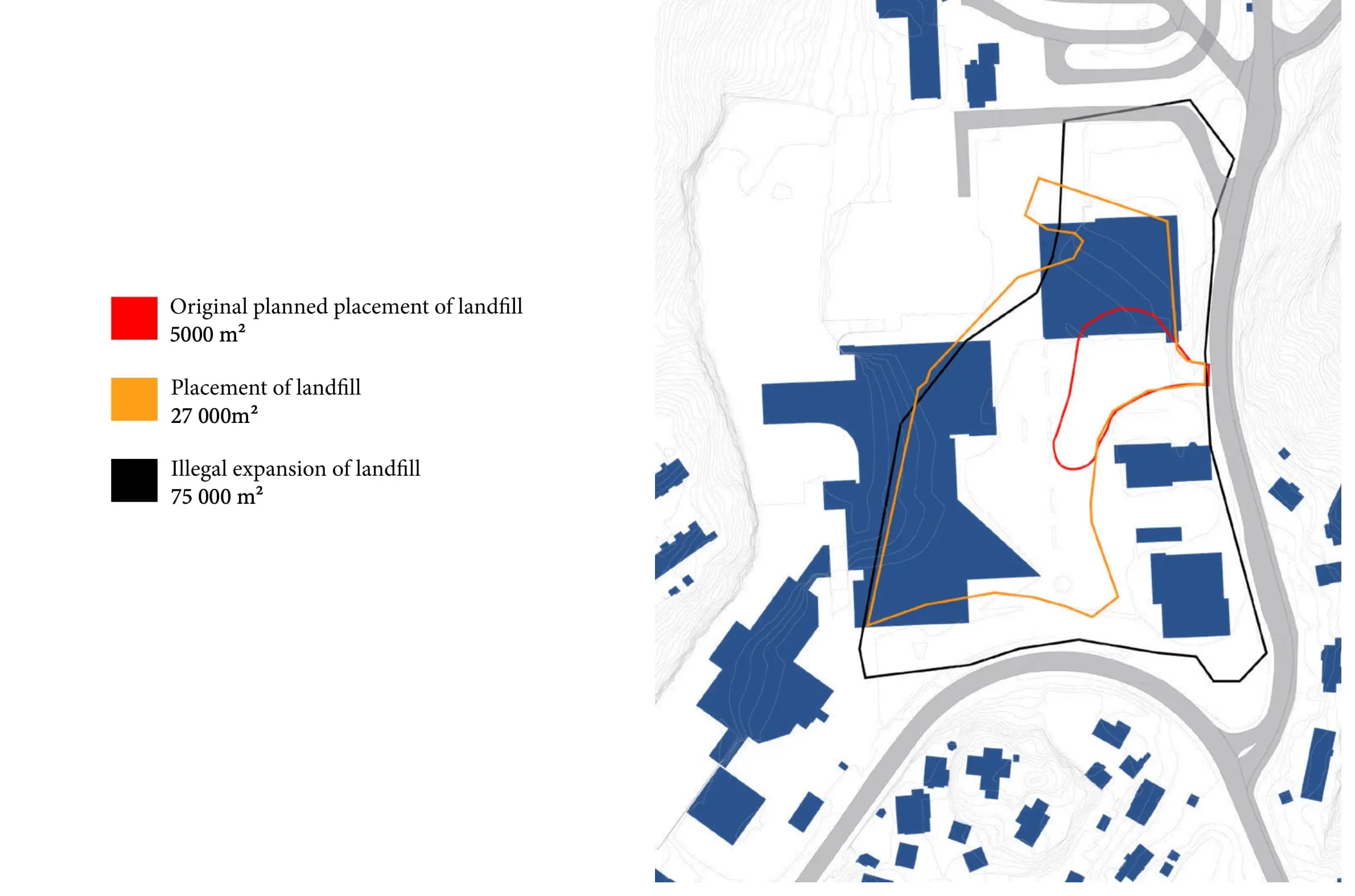 Map comparing the planned landfill, 5,000 m², the actual one, 27,000 m², and its illegal expansion to 75,000 m²