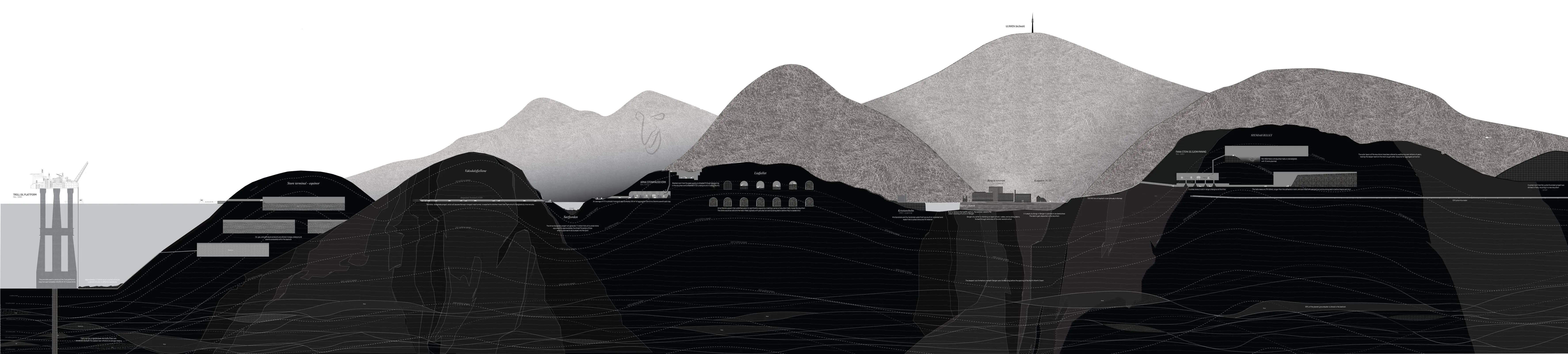 Long printed section of mountains in black and grey, with tunnels, halls and buildings cut into the rock