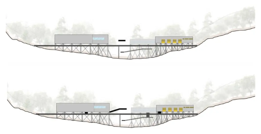 Two sections showing a raised walkway connecting the buildings above the ground