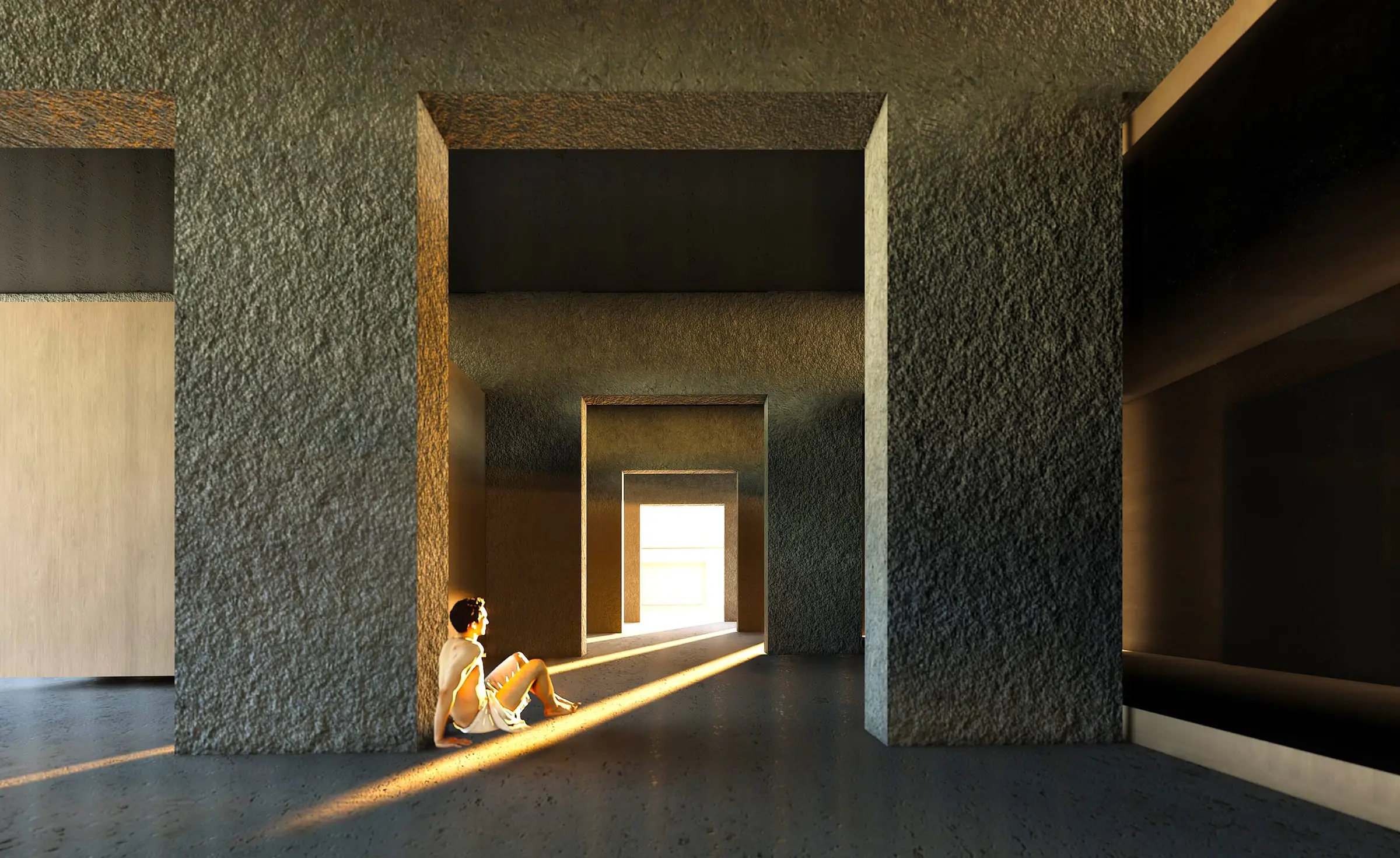 Rendered interior of rough concrete walls, a child sitting in a patch of sunlight from an opening at the end