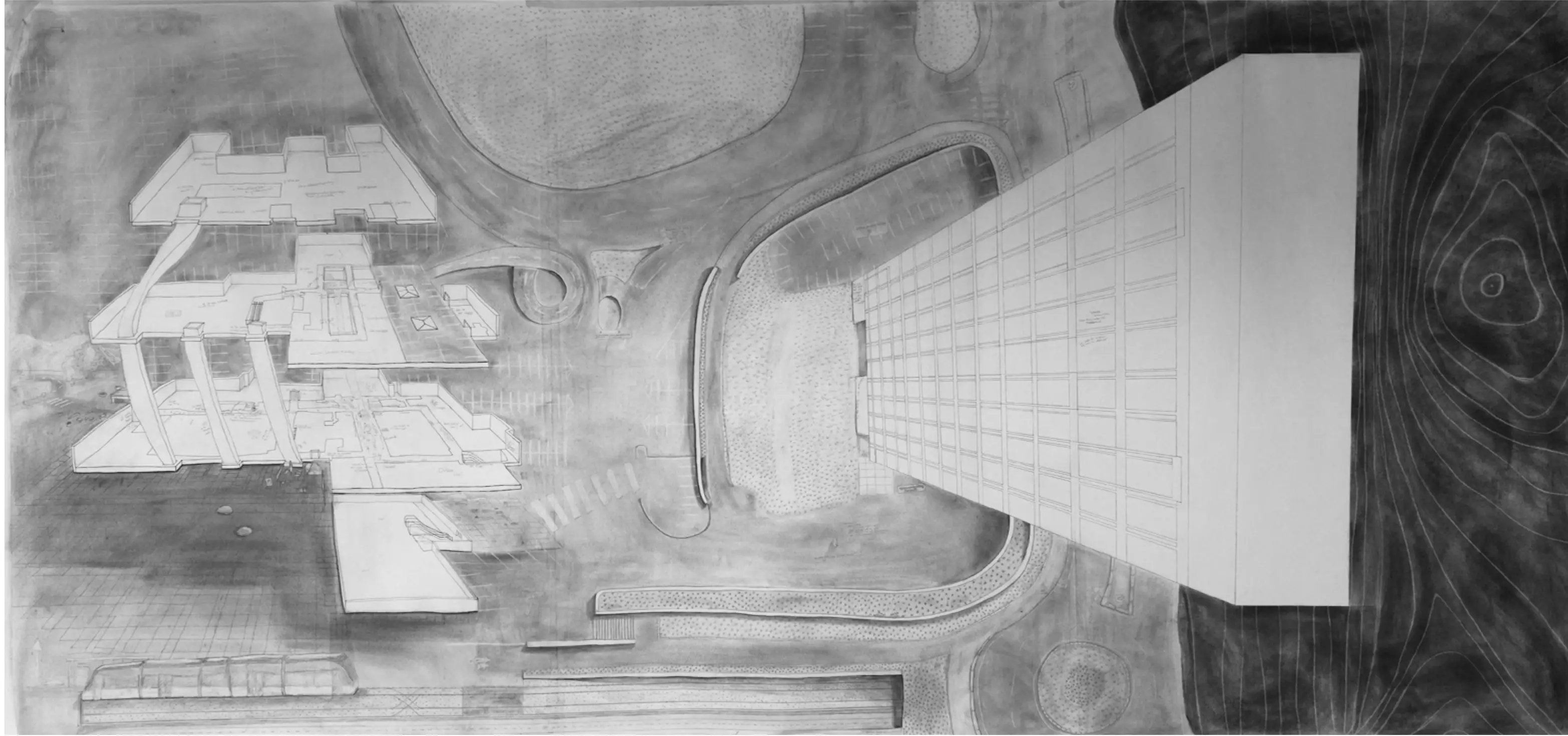 Large graphite and charcoal drawing mapping the Oasen shopping centre, its car parks and a thirteen-storey block
