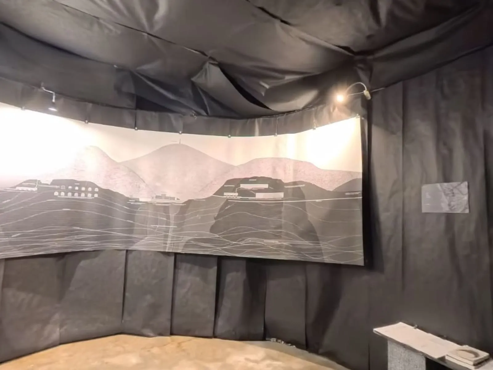 Curved printed landscape spanning the wall of the round room
