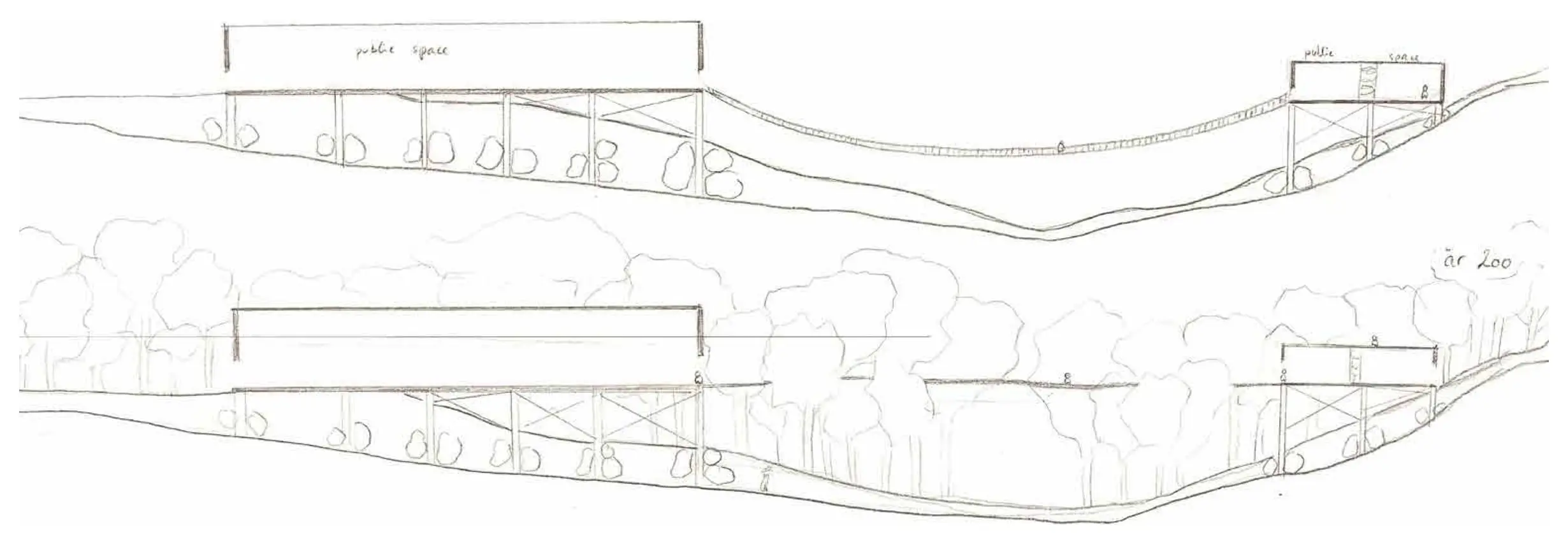 Two long pencil sections of the valley with trees, structures on stilts and a walkway between them