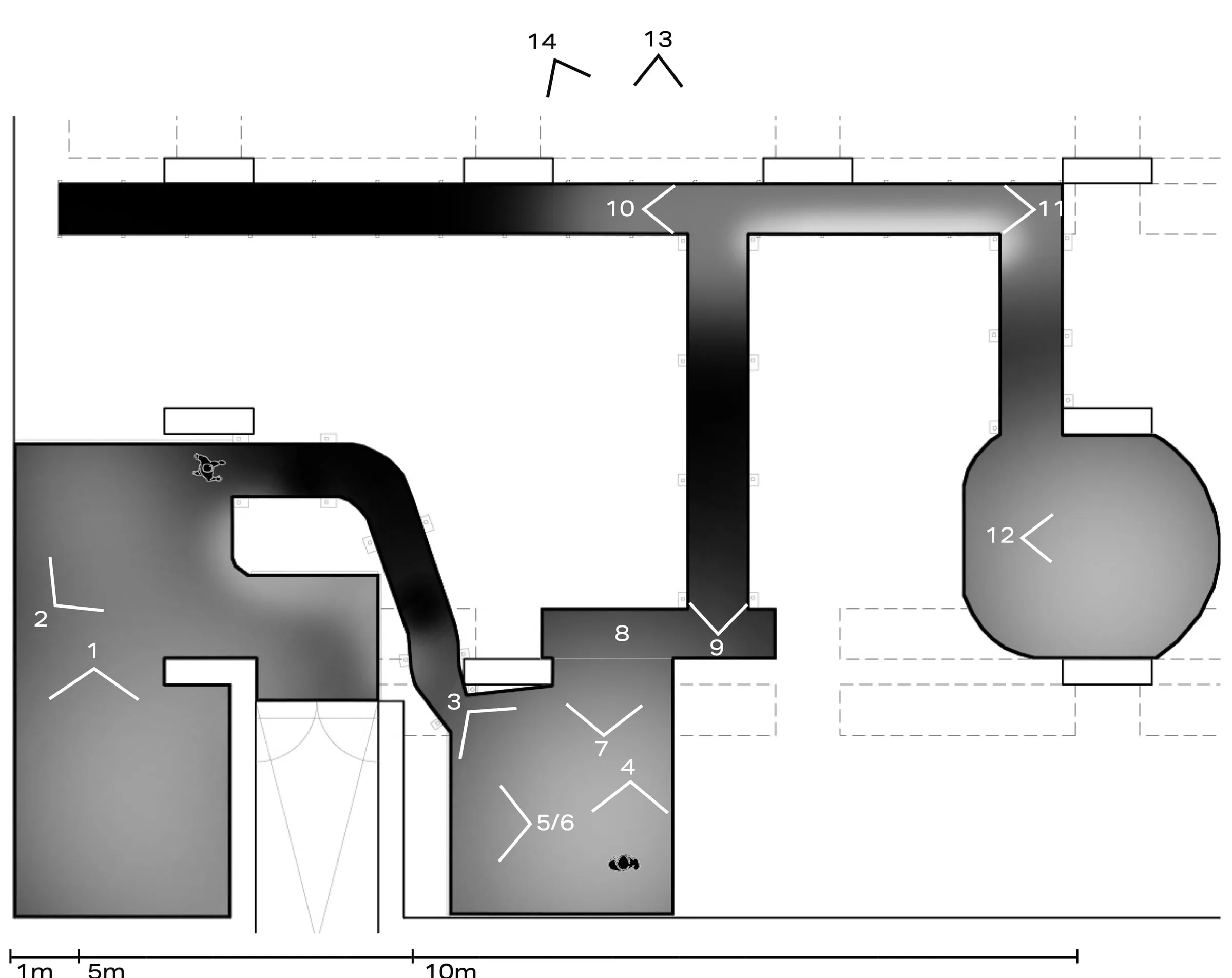 Plan of the installation shaded from dark to light along the route, with numbered arrows showing where each photograph was taken