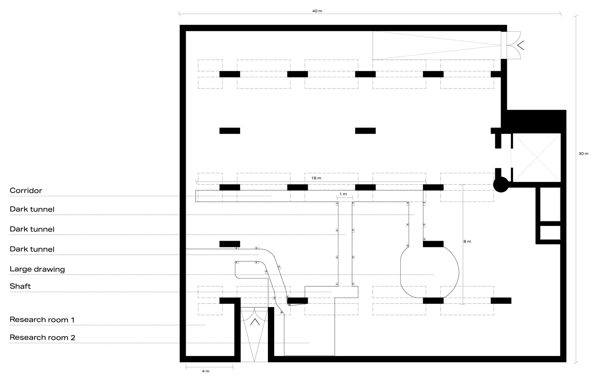 Plan of the existing hall with the installation drawn inside it, labelled: corridor, three dark tunnels, large drawing, shaft, research rooms one and two