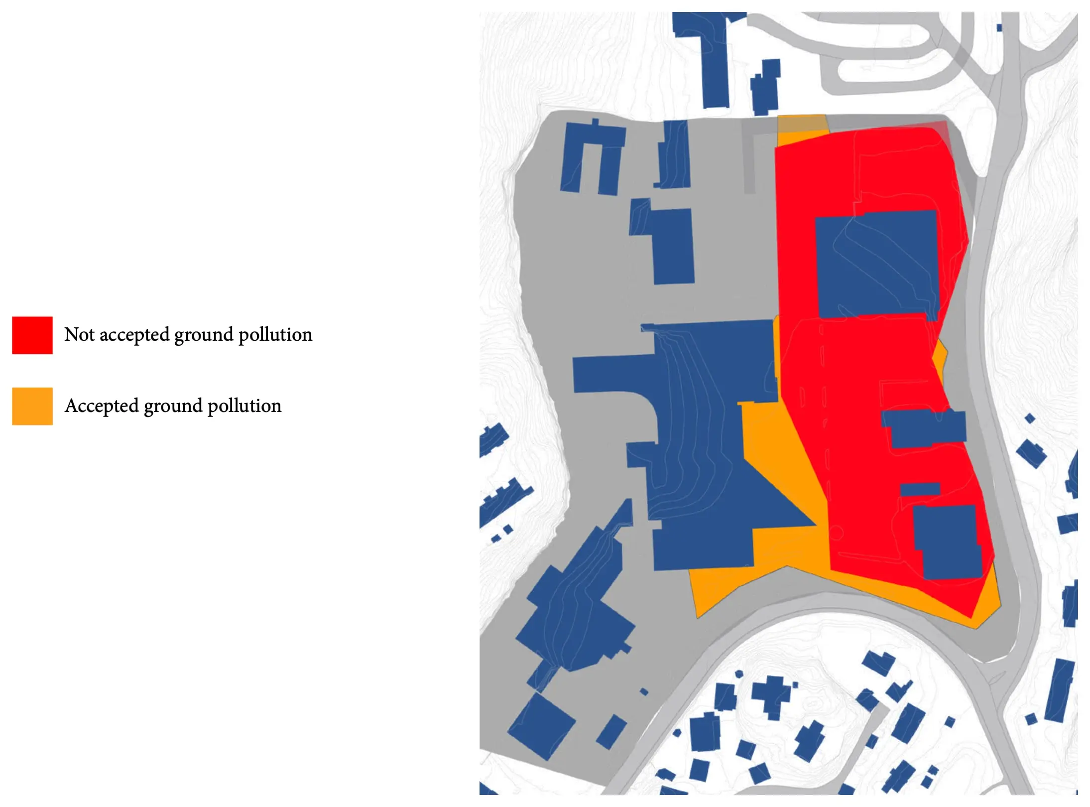 Map of the site with polluted ground marked red where it exceeds accepted levels and orange where it is accepted