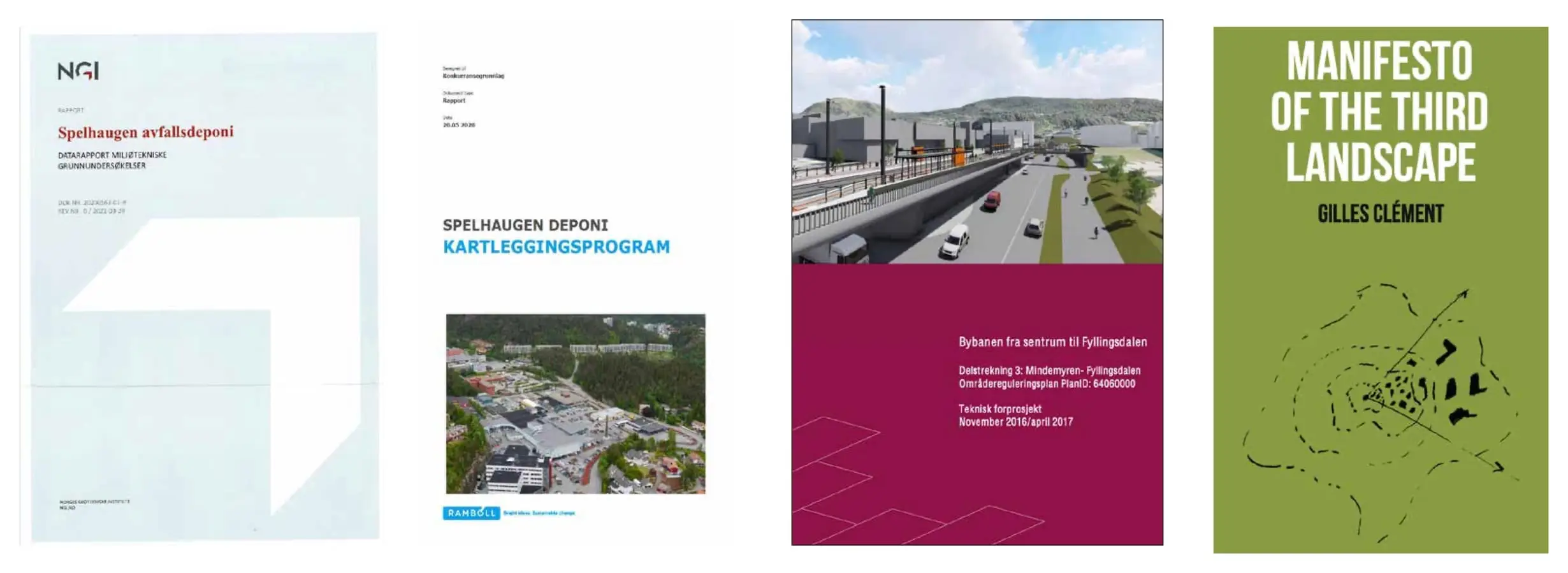 Covers of technical reports on the Spelhaugen landfill and a planning document, beside Gilles Clément’s Manifesto of the Third Landscape
