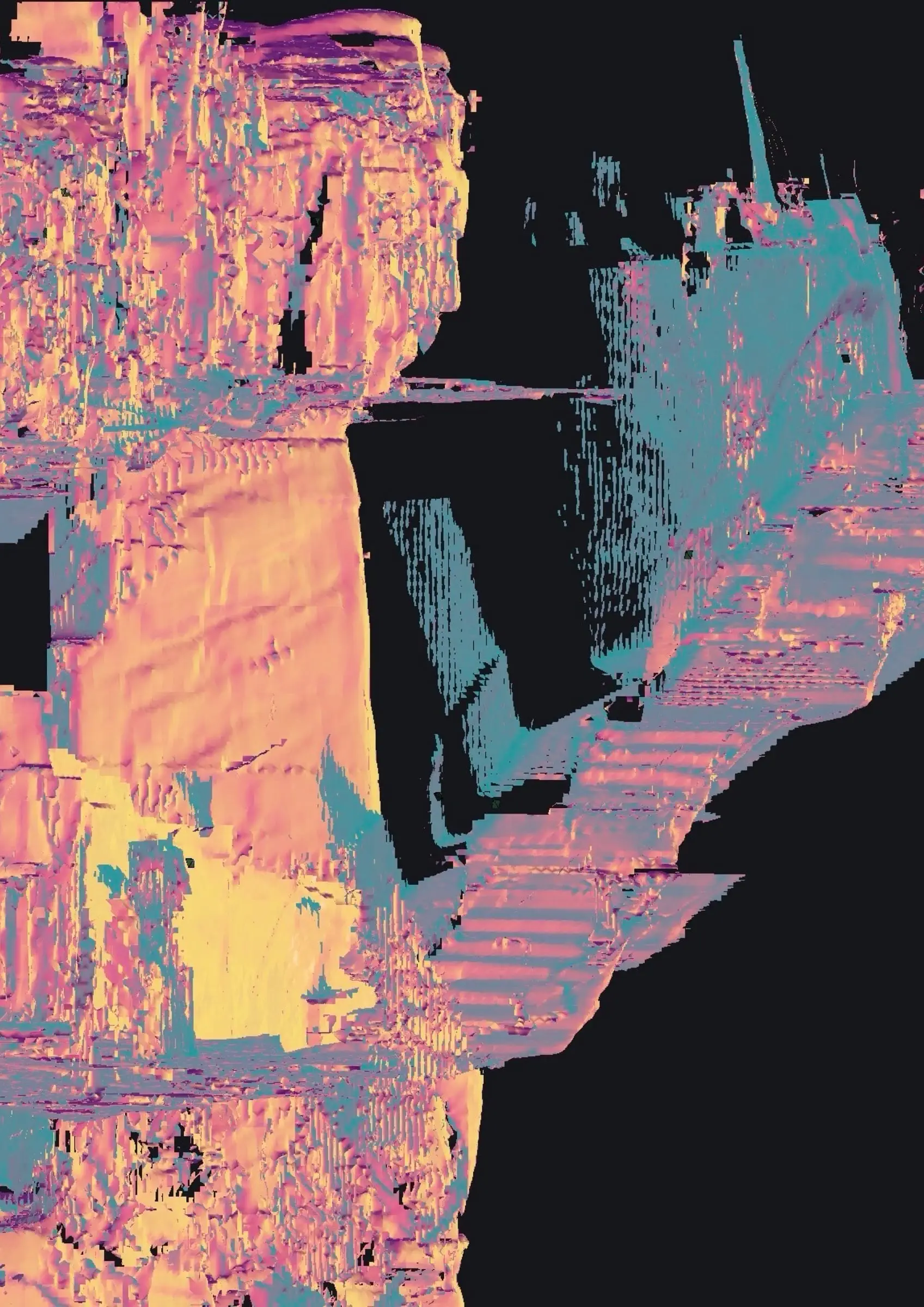 3D scan of underground rooms and stairs in orange, pink and blue false colour