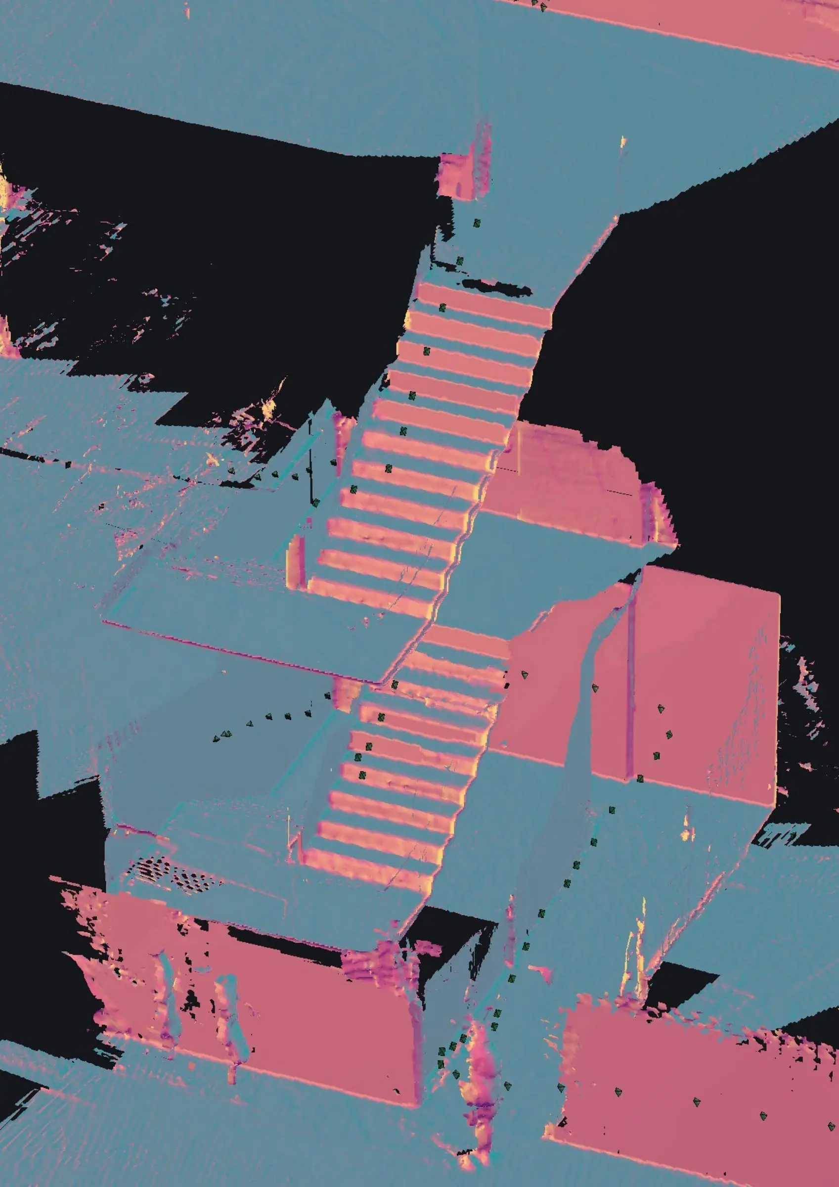 3D scan of a staircase descending through a building, in pink and blue false colour on black