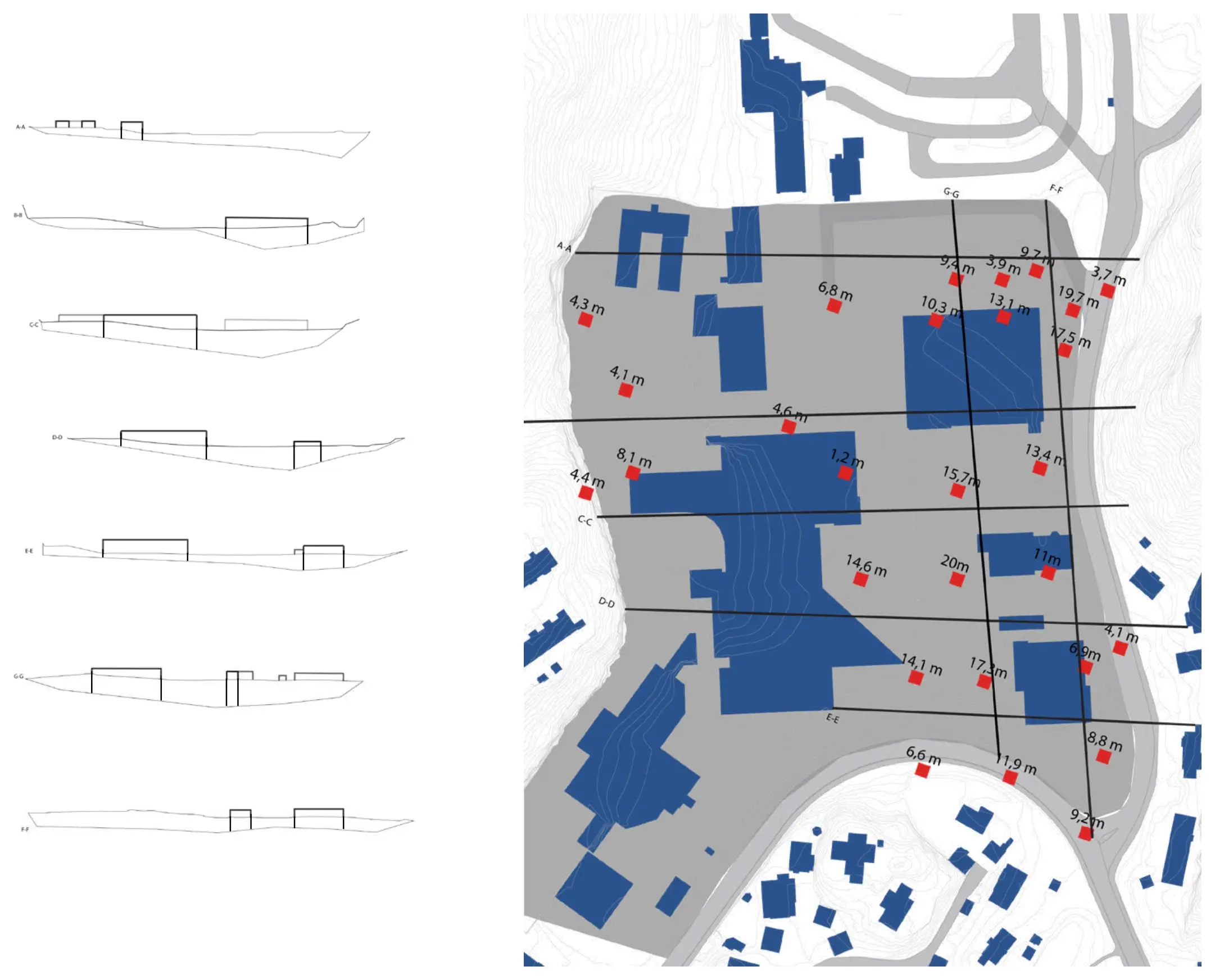 Sections cut across the landfill beside a map of the site marking the depth of waste at each point, from 1.2 to 20 metres