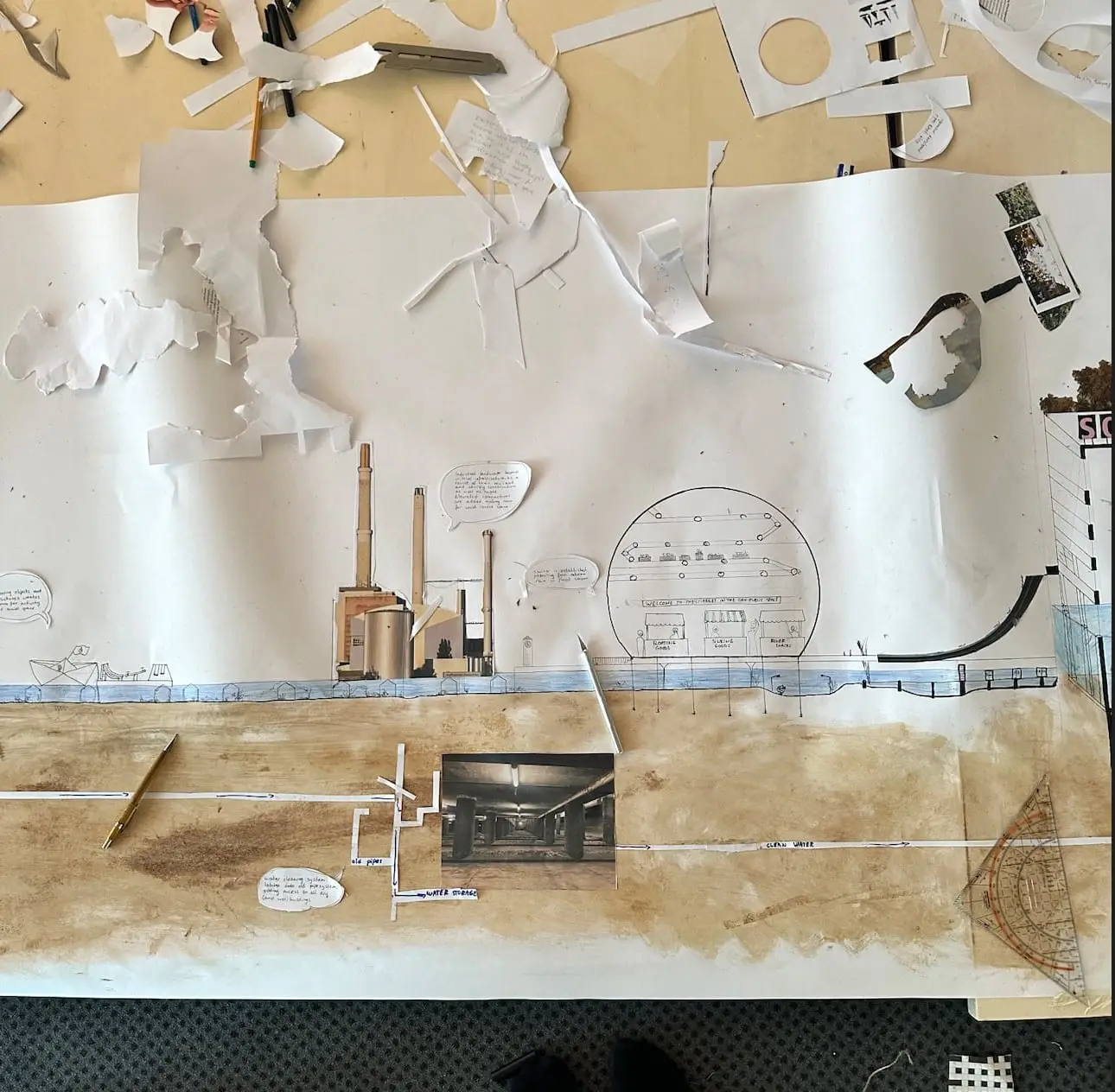 Another part of the section from above, with drawn structures and paper cut-outs