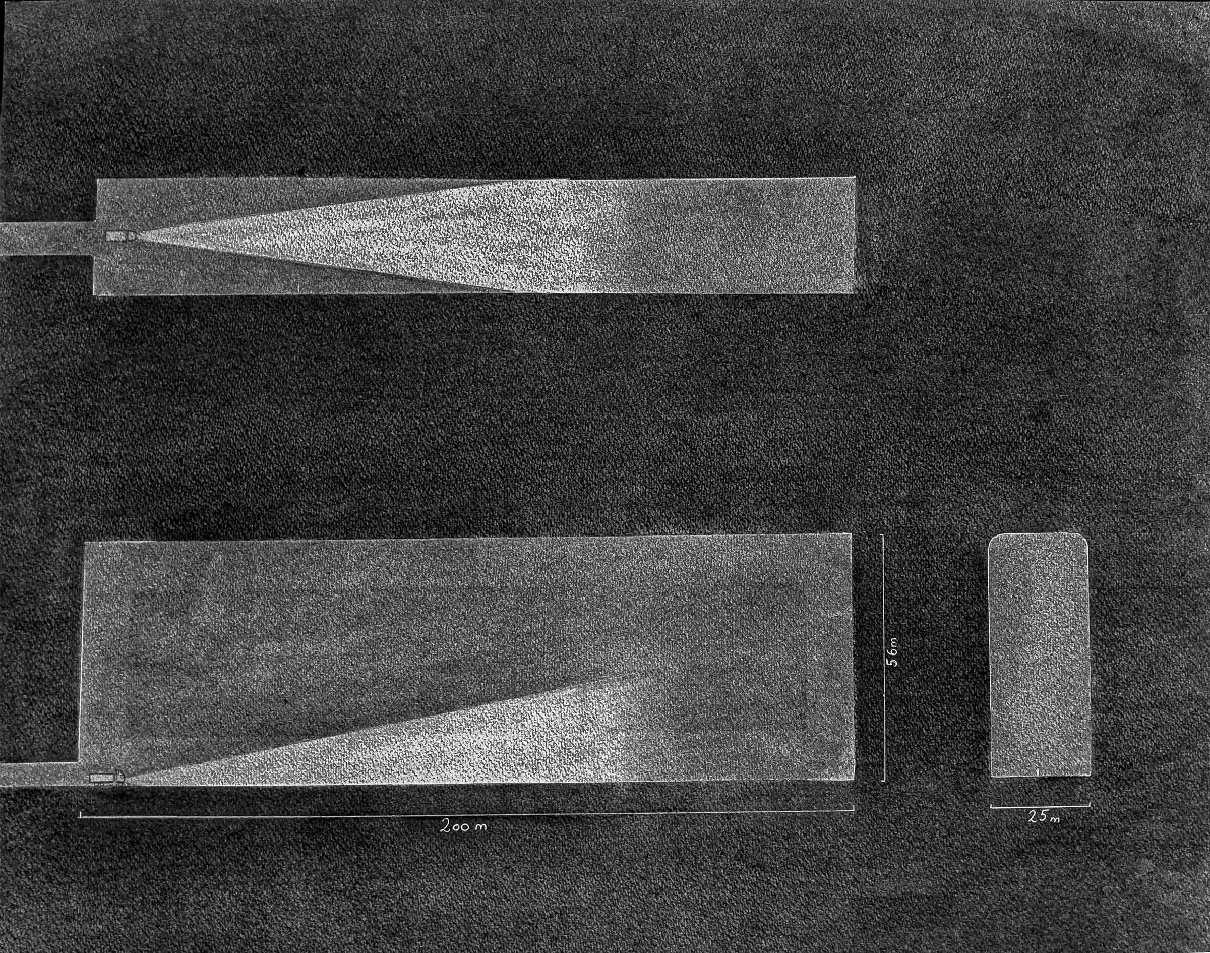 Charcoal drawing on black of long wedge-shaped shadows