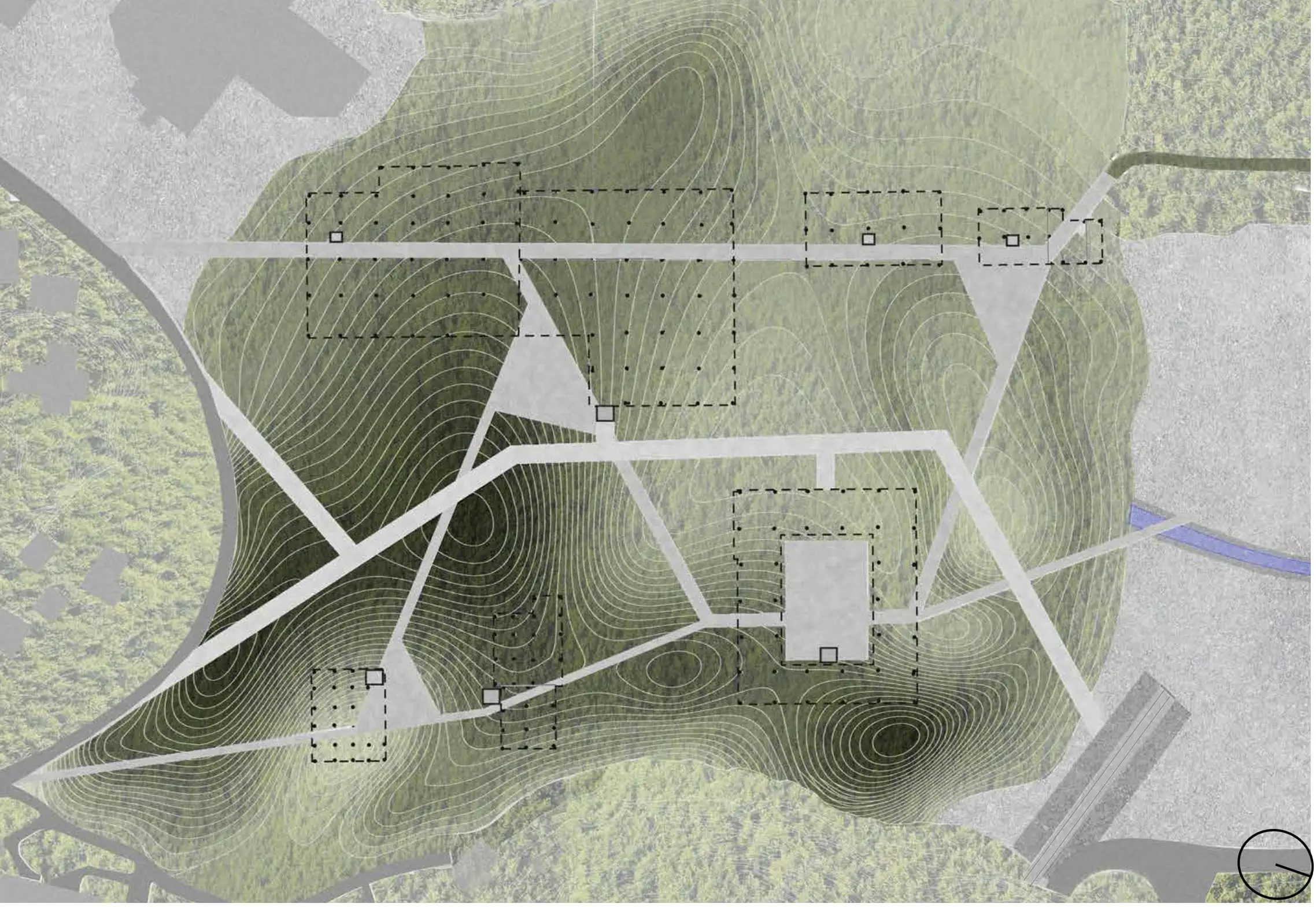 Site plan of the valley in green shading, with paths and building outlines crossing it