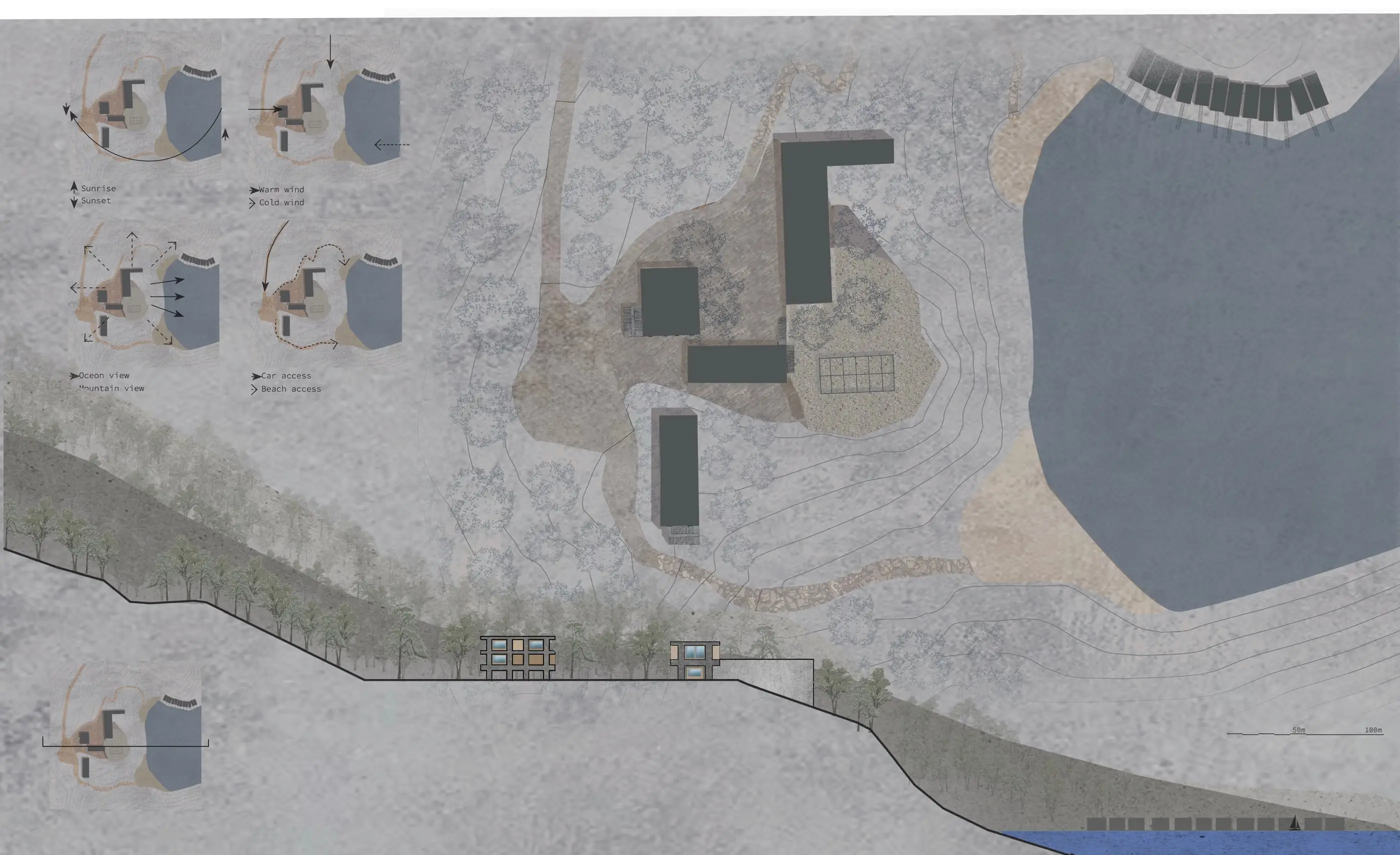 Site plan on a textured grey ground: the frames on a rise by a large bay, small analysis diagrams of sun, wind, views and access, and a section of the slope below