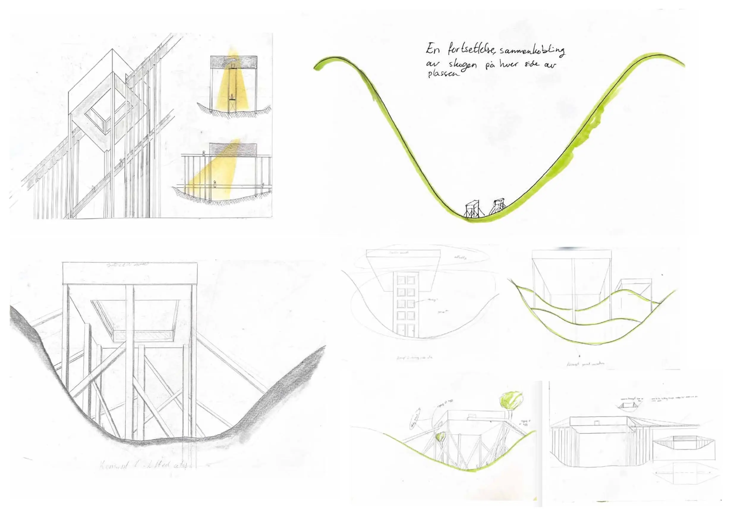 Pencil and green crayon sketches of a structure propped in a valley, the valley section and small studies of the buildings