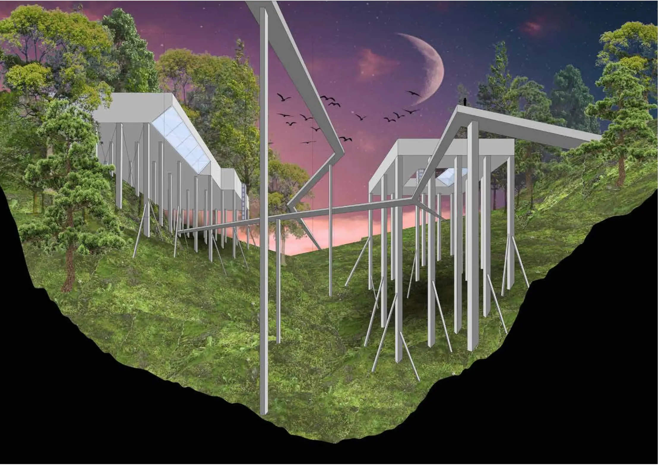 Rendered view of long buildings on tall columns above a green, regrown valley at dusk, a raised walkway between them