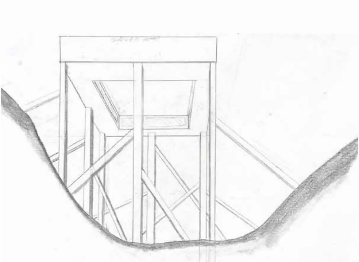 Pencil study of a building held up by a frame of props inside an excavated pit