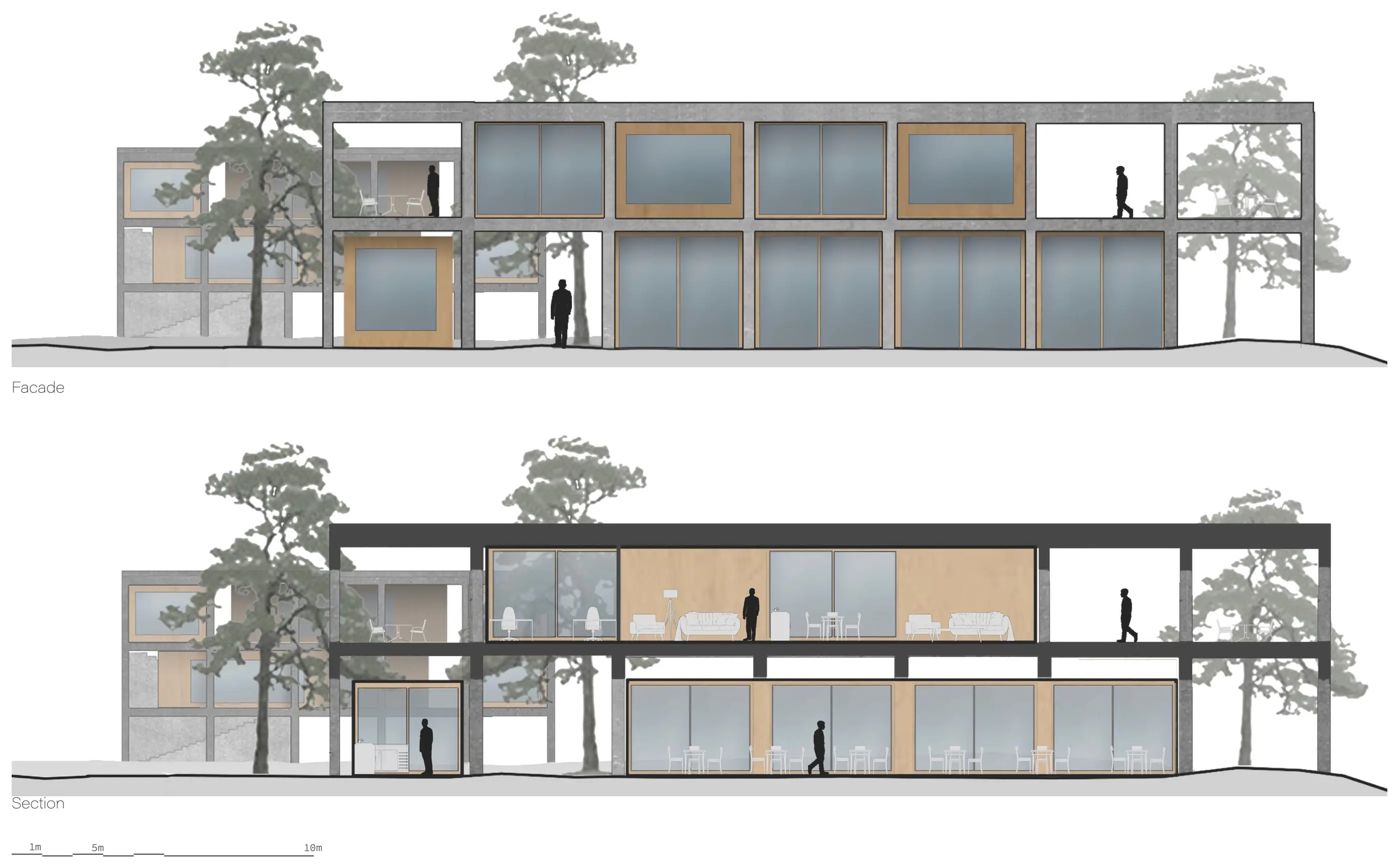 Facade and section of the teachers’ residence and cafeteria: a long two-storey concrete frame among pines, timber rooms and glazing inside