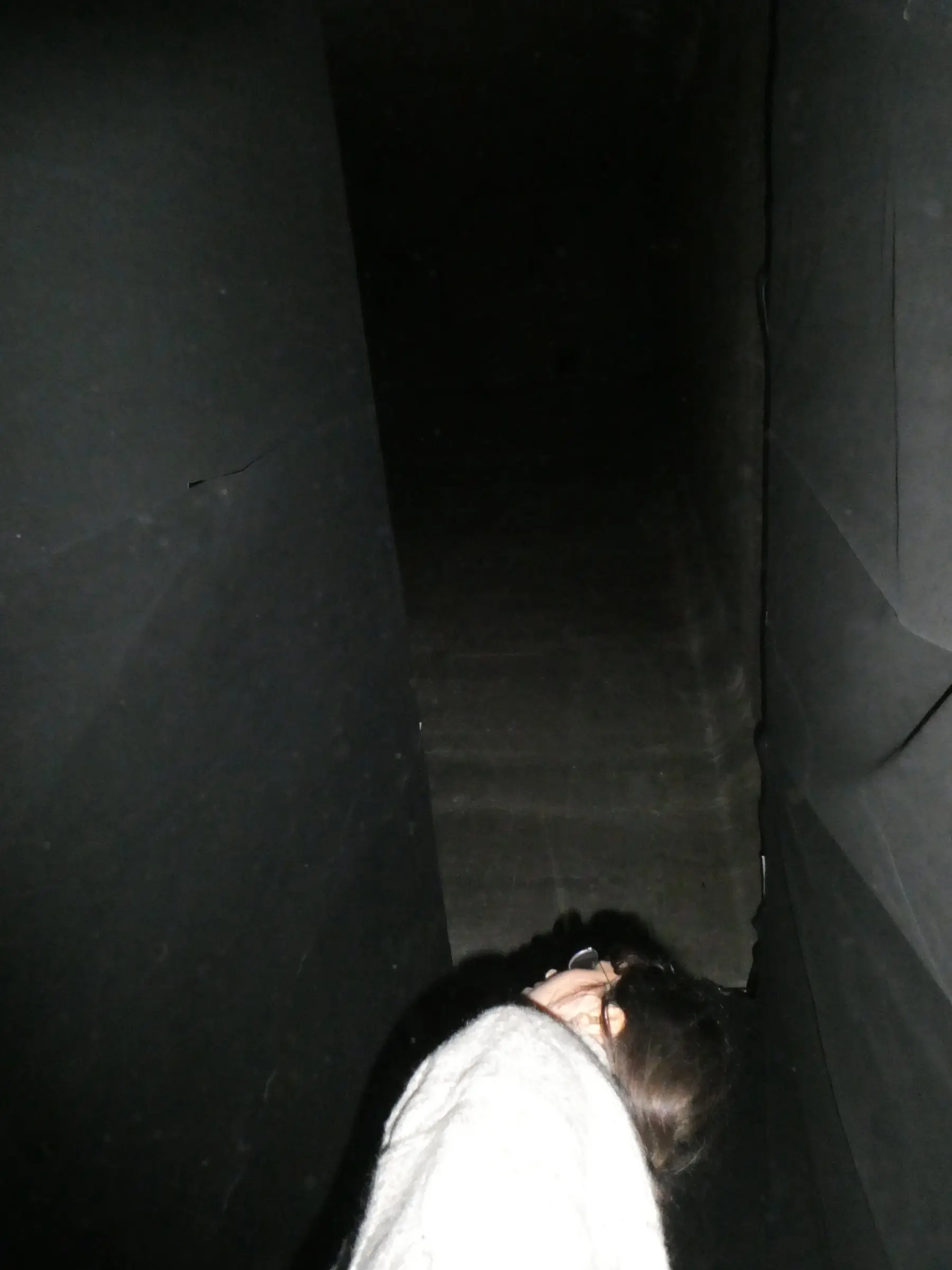 Looking up in a tall, narrow black space, a visitor bending forward at the bottom of the frame