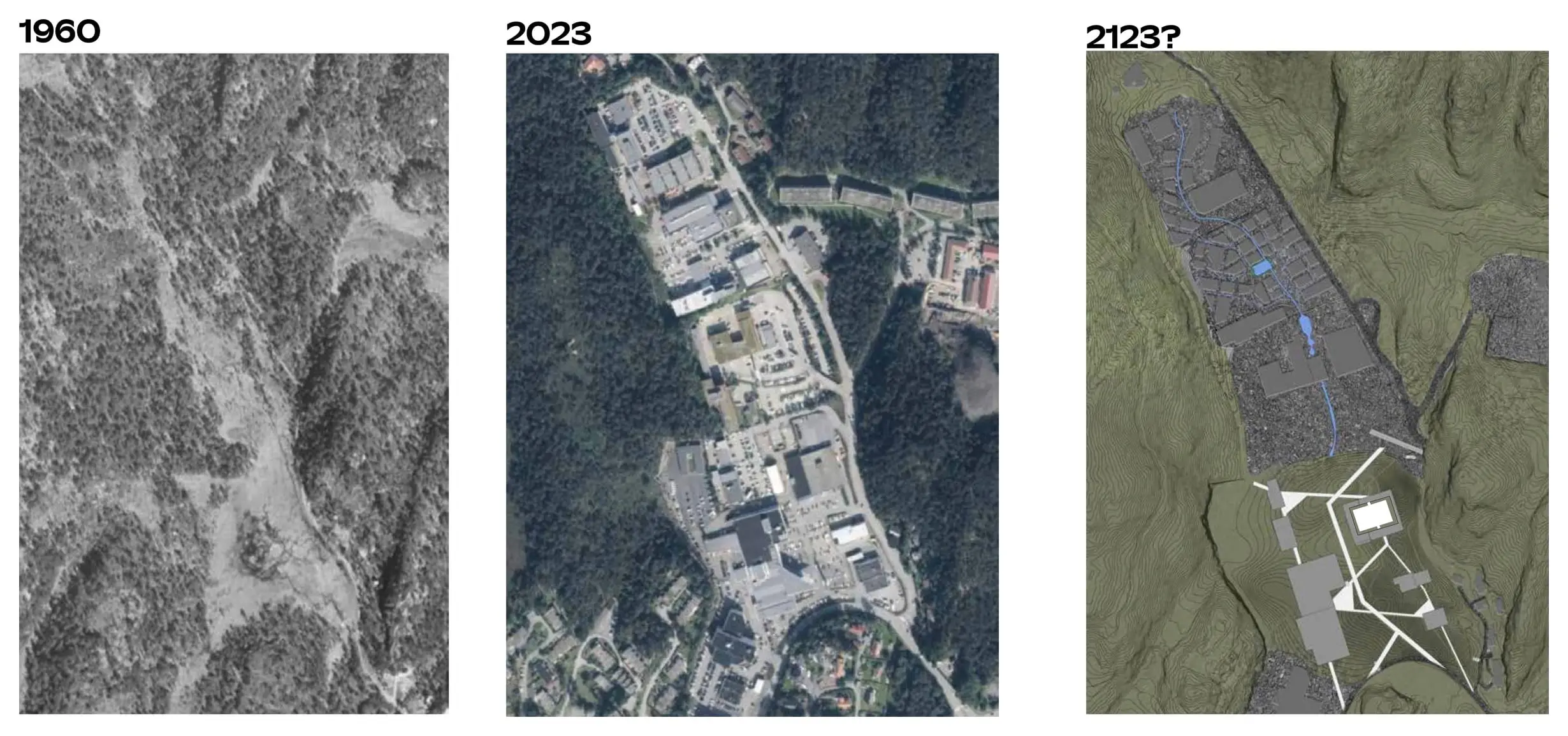 Three aerial views of the same valley: forest in 1960, buildings in 2023, and a green valley crossed by paths in 2123