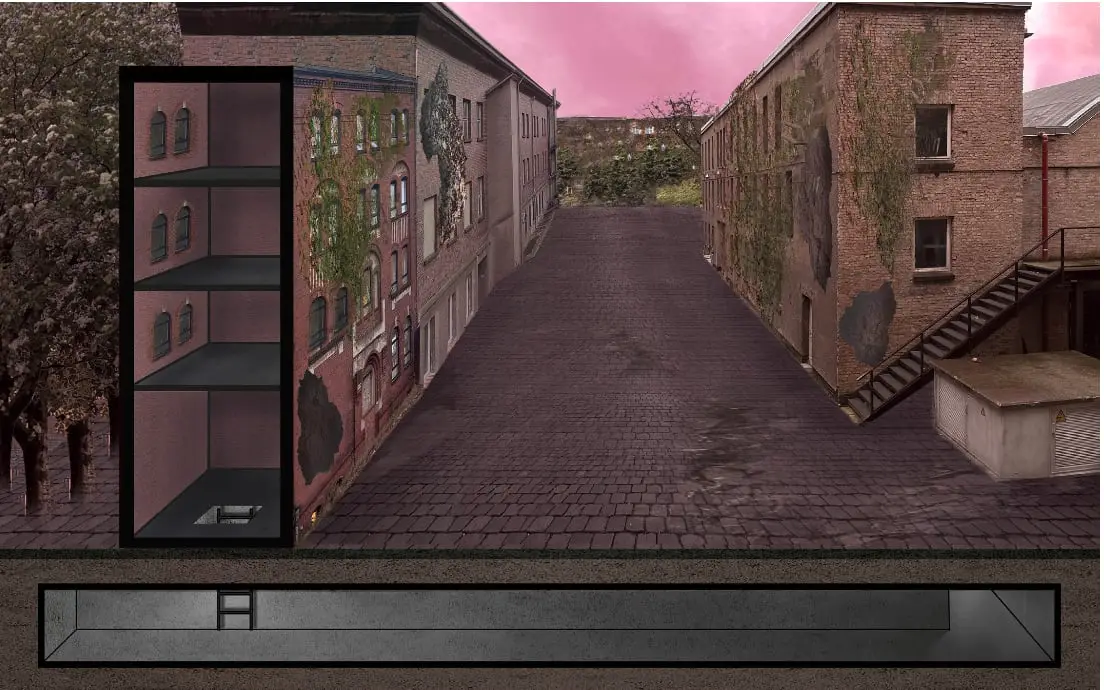 Matte painting of a cobbled Berlin courtyard under a pink sky, a building cut open in section on the left